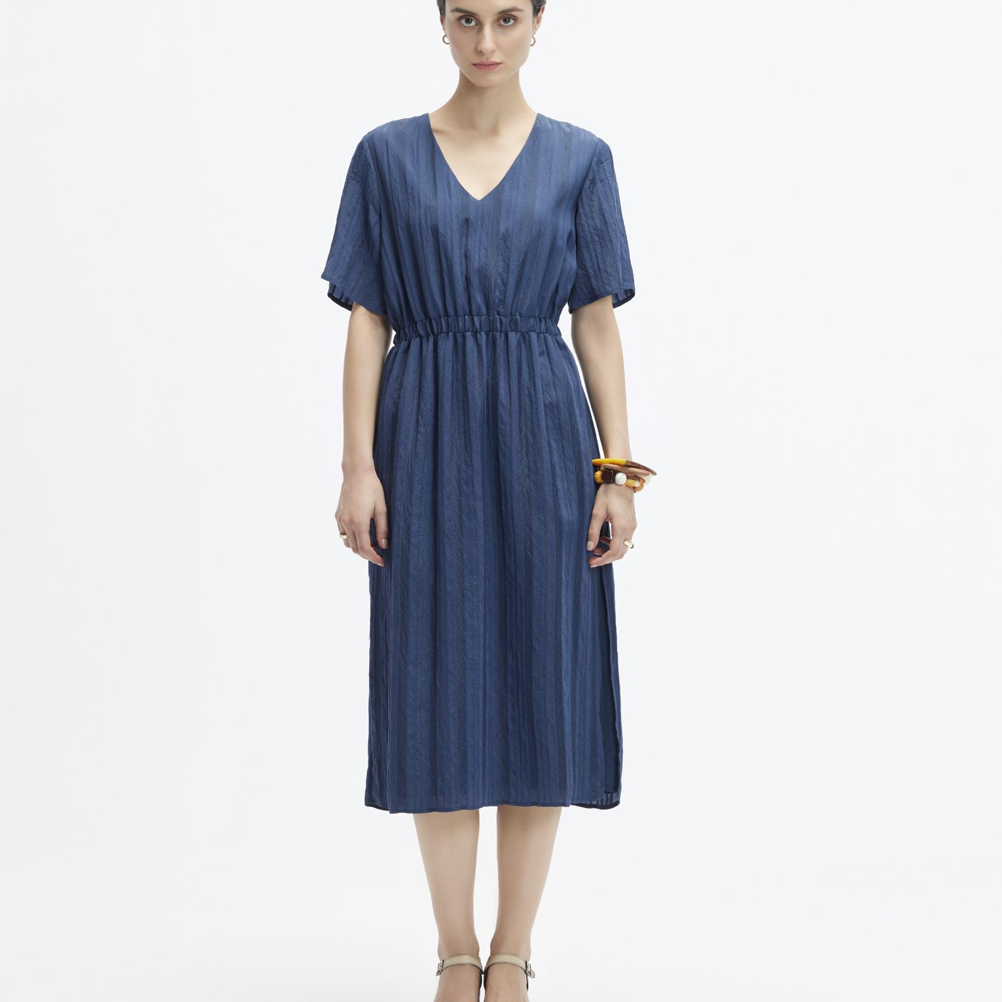 YARGICI V Yaka Kısa Kollu Midi Boy  Elbise