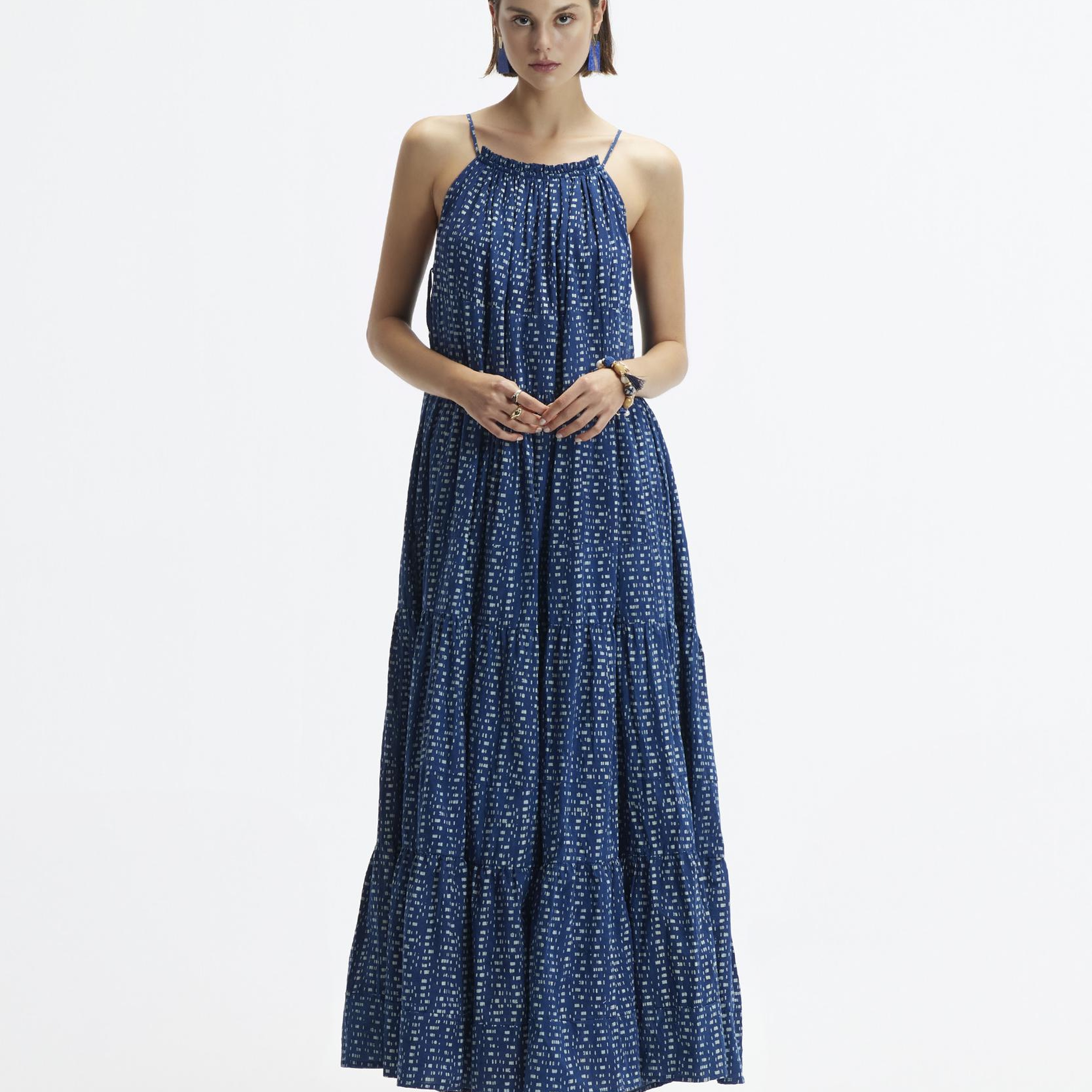 YARGICI Kolsuz Halter Yaka Önden Bağlamalı Uzun Elbise