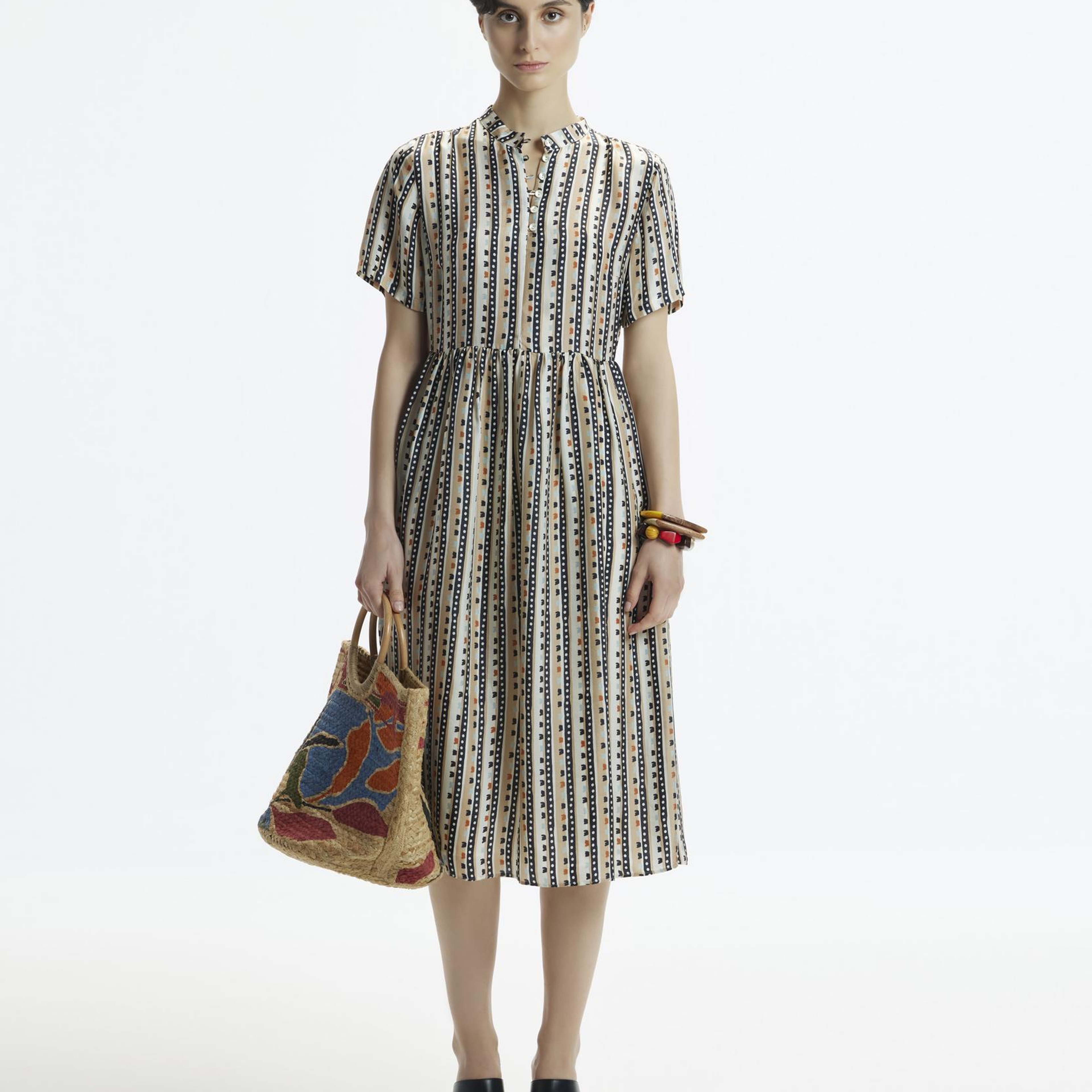 YARGICI Kısa Kollu Düğmeli Midi Boy Elbise