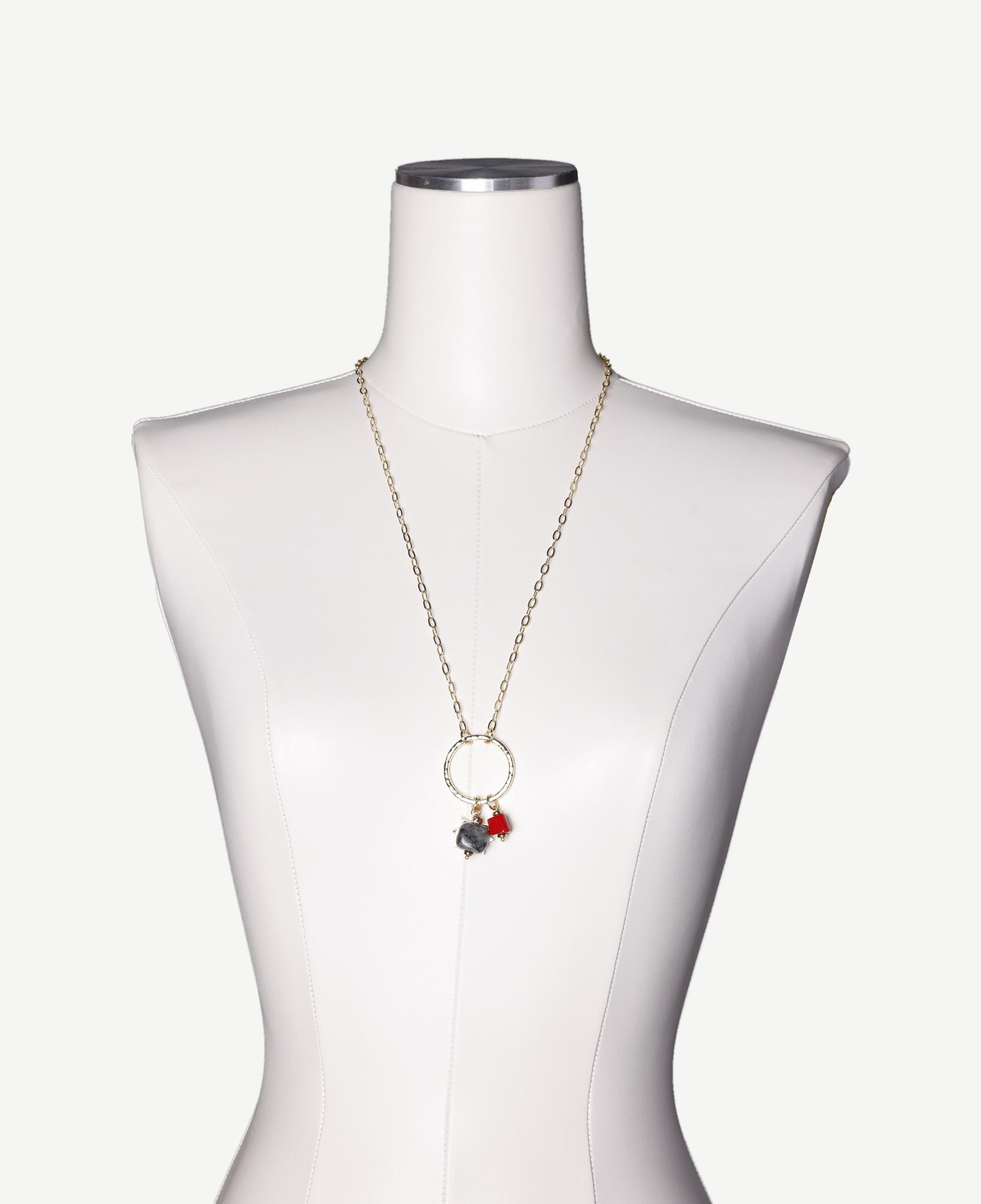 YARGICI İnce Zincir Siyah Kırmızı Doğal Taşlı Kolye