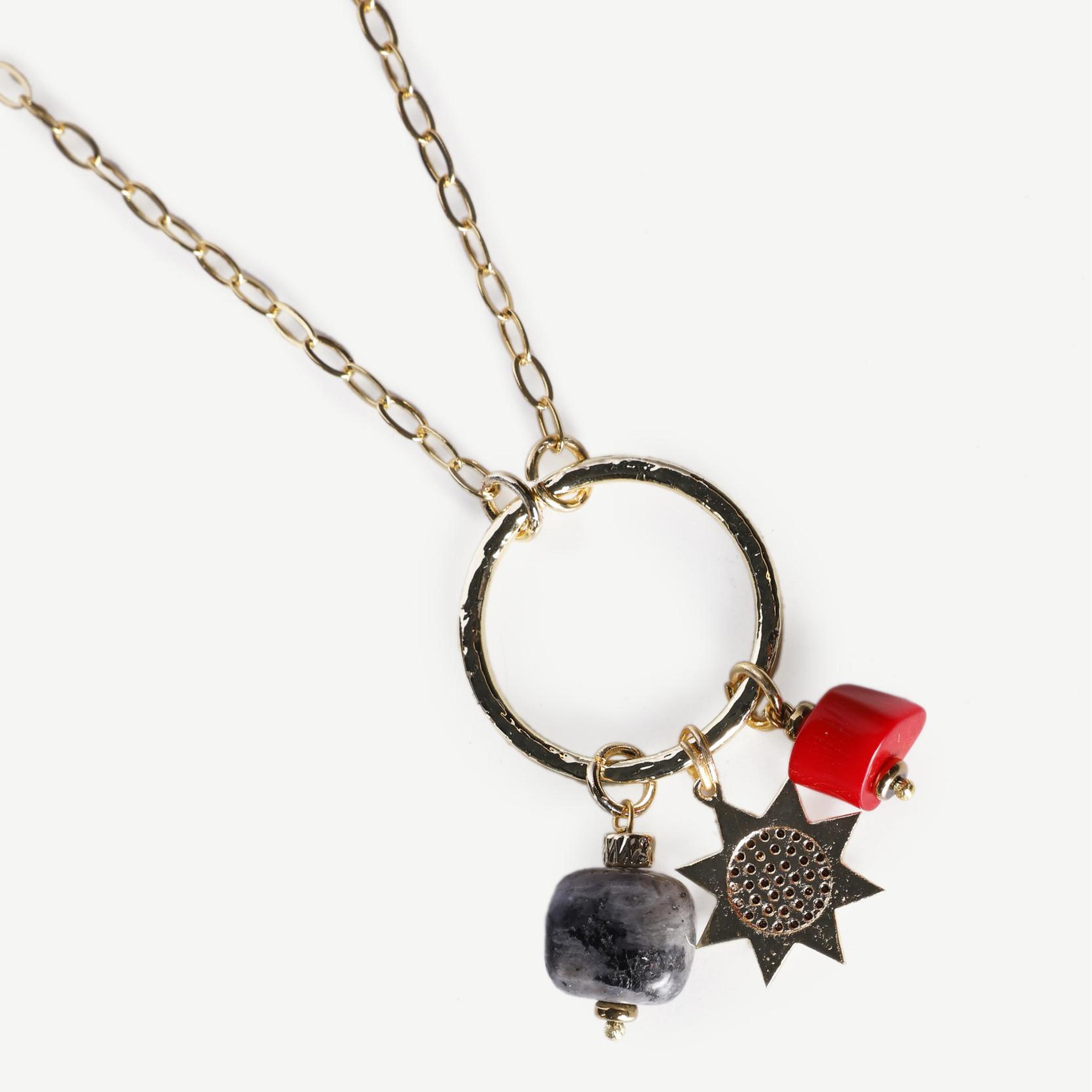 YARGICI İnce Zincir Siyah Kırmızı Doğal Taşlı Kolye
