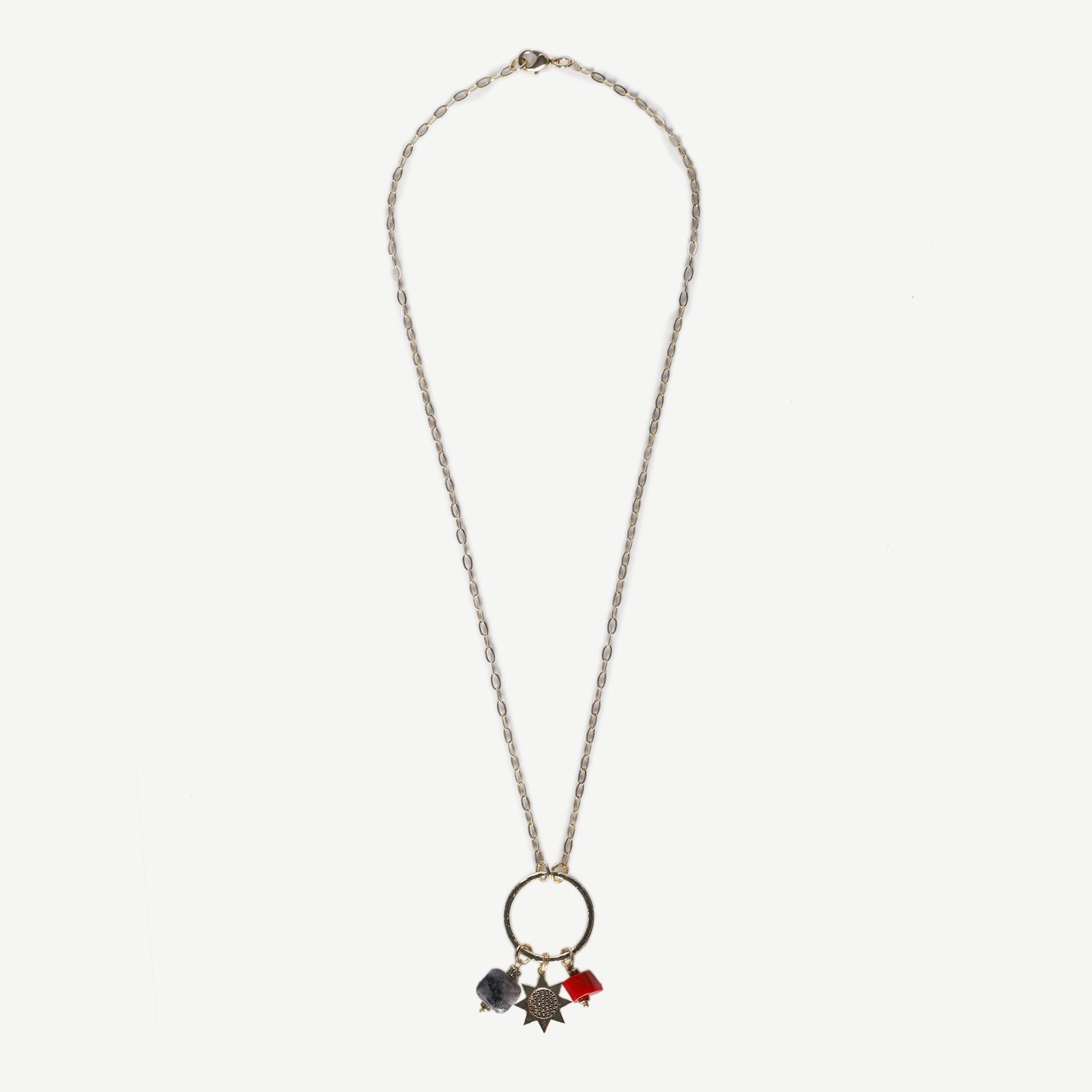 YARGICI İnce Zincir Siyah Kırmızı Doğal Taşlı Kolye