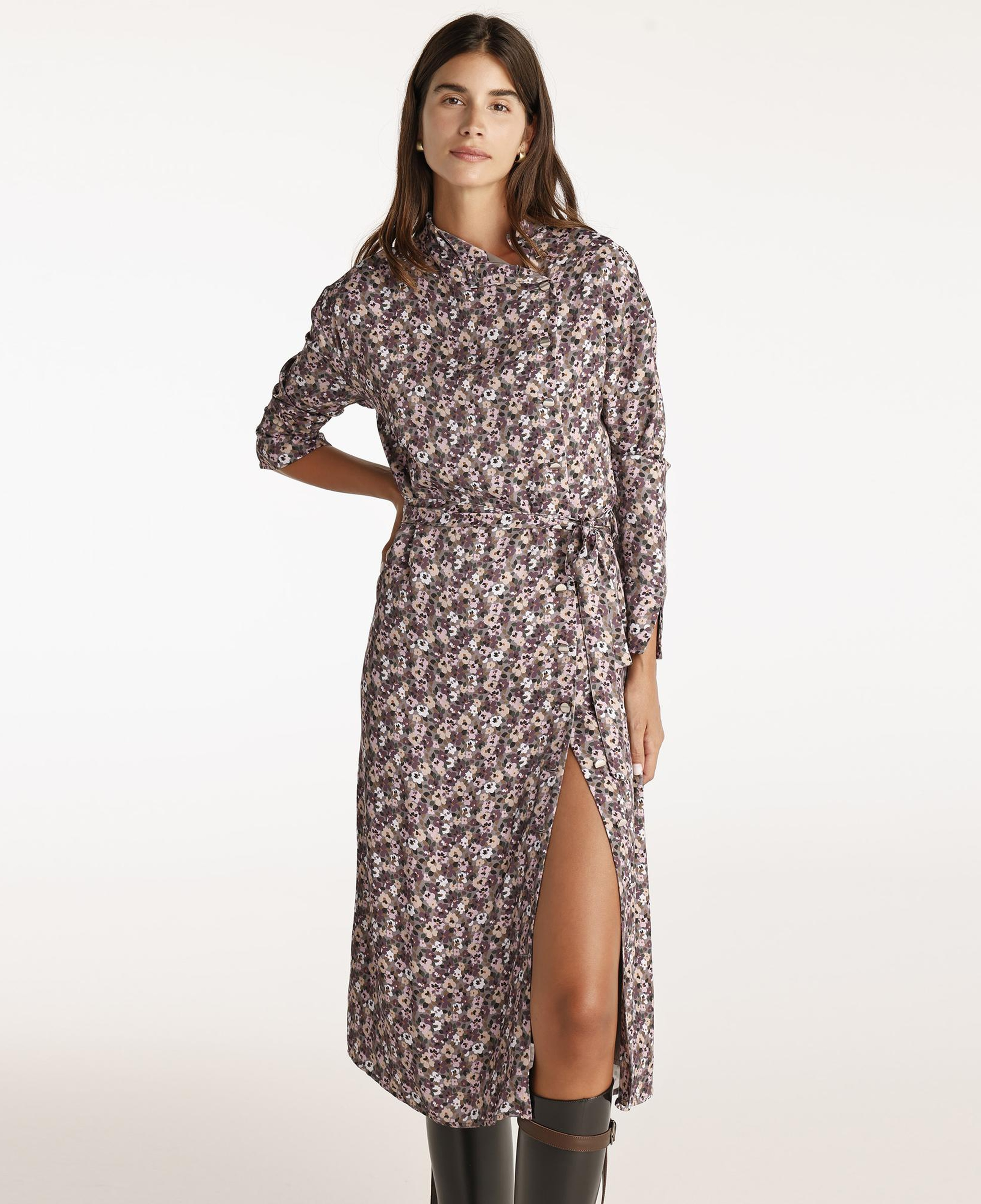 YARGICI Yüksek Yaka Kuşalı Uzun Kollu Midi Boy Elbise