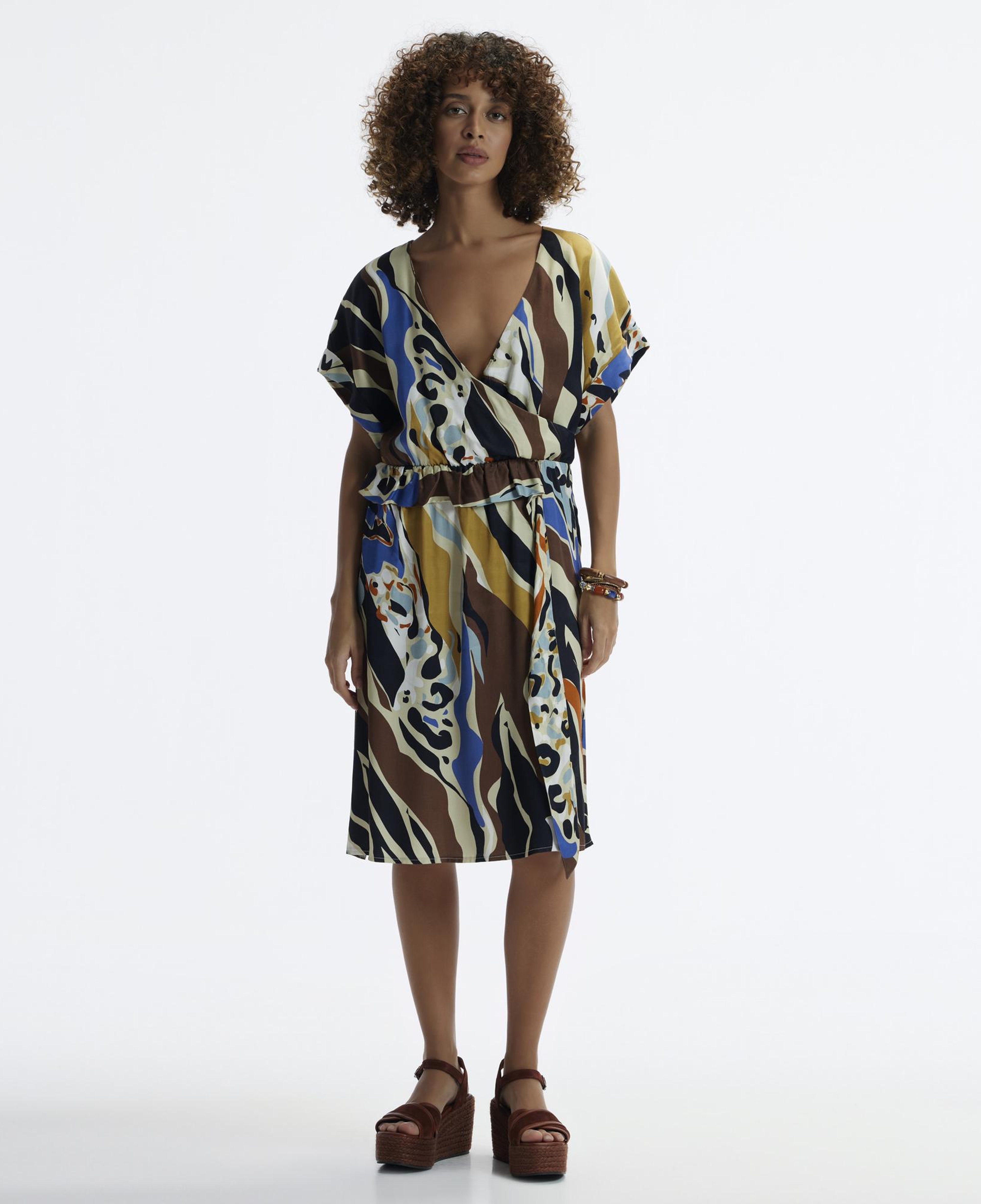 YARGICI V Yaka Kısa Kollu Midi Boy Elbise