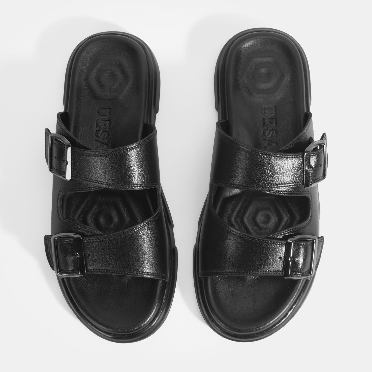 Erkek Siyah Ayarlanabilir Tokalı Deri Terlik