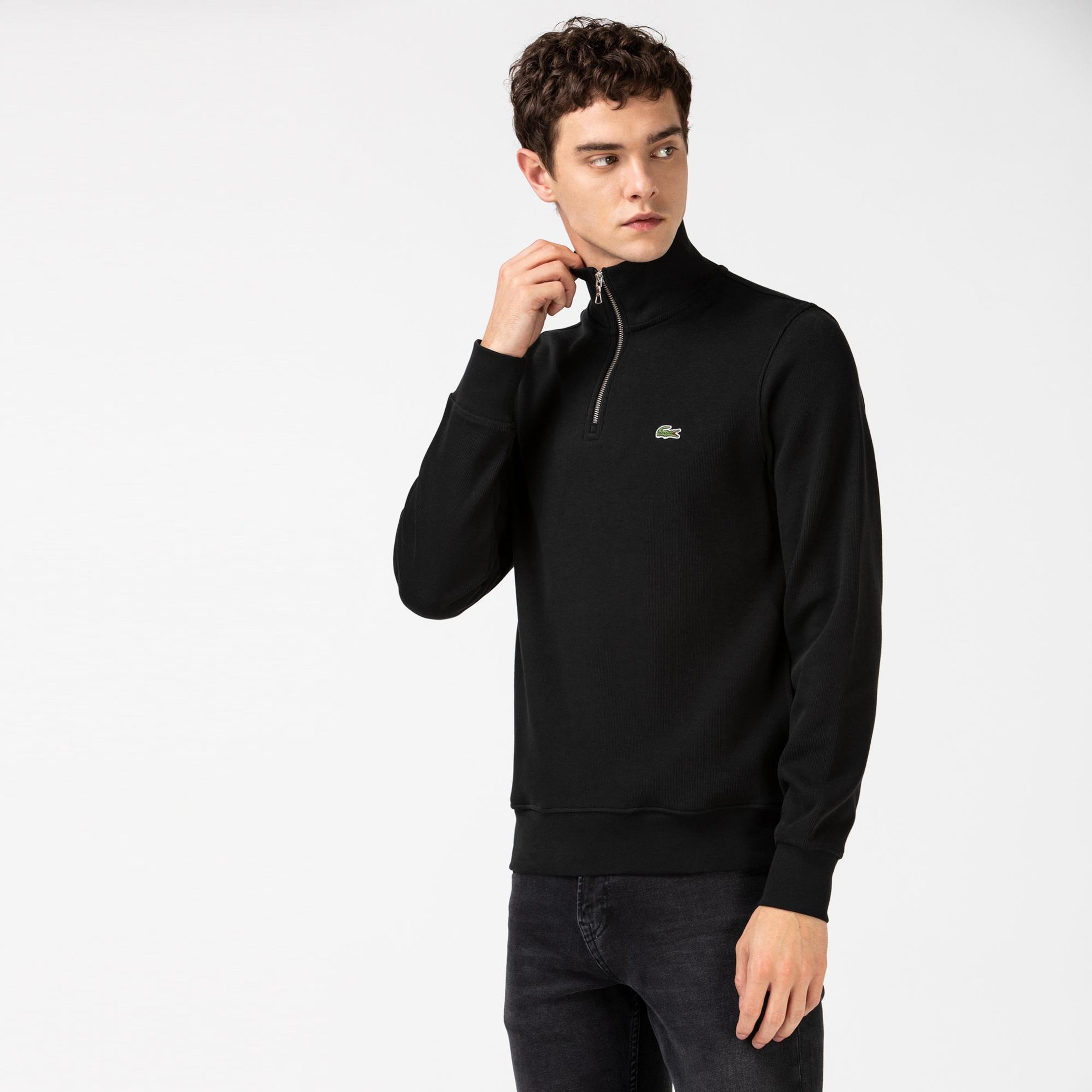 Erkek Classic Fit Yarım Fermuarlı Siyah Sweatshirt