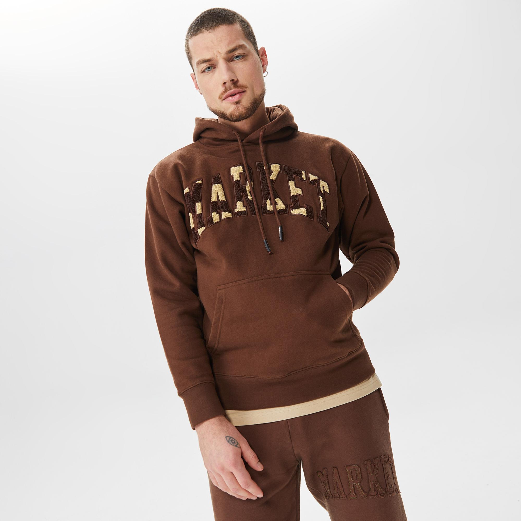 Market Chess Club Applique Fleece Erkek Kahverengi Hoodie