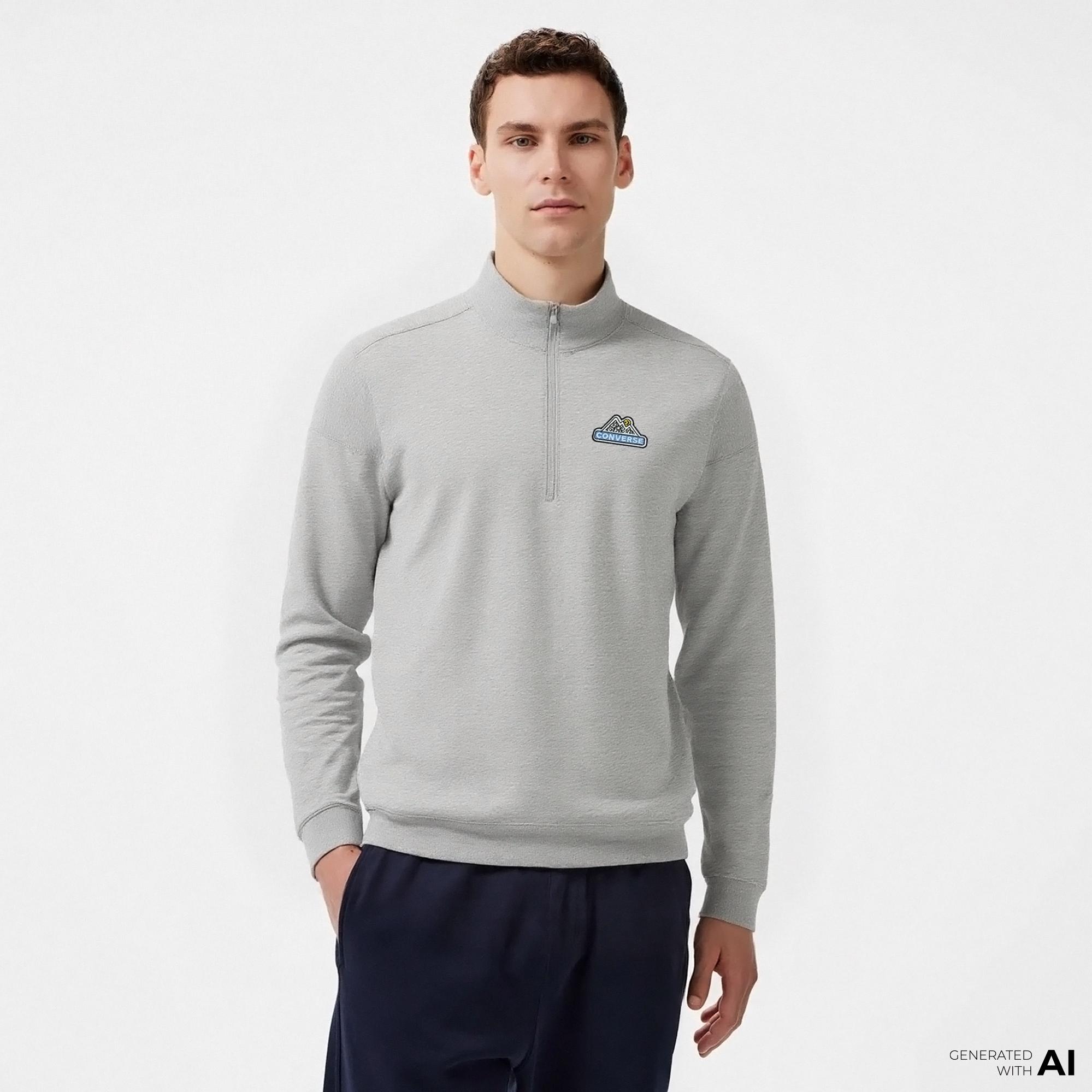 Converse Erkek Loose Fit Yarım Fermuarlı Gri Sweatshirt