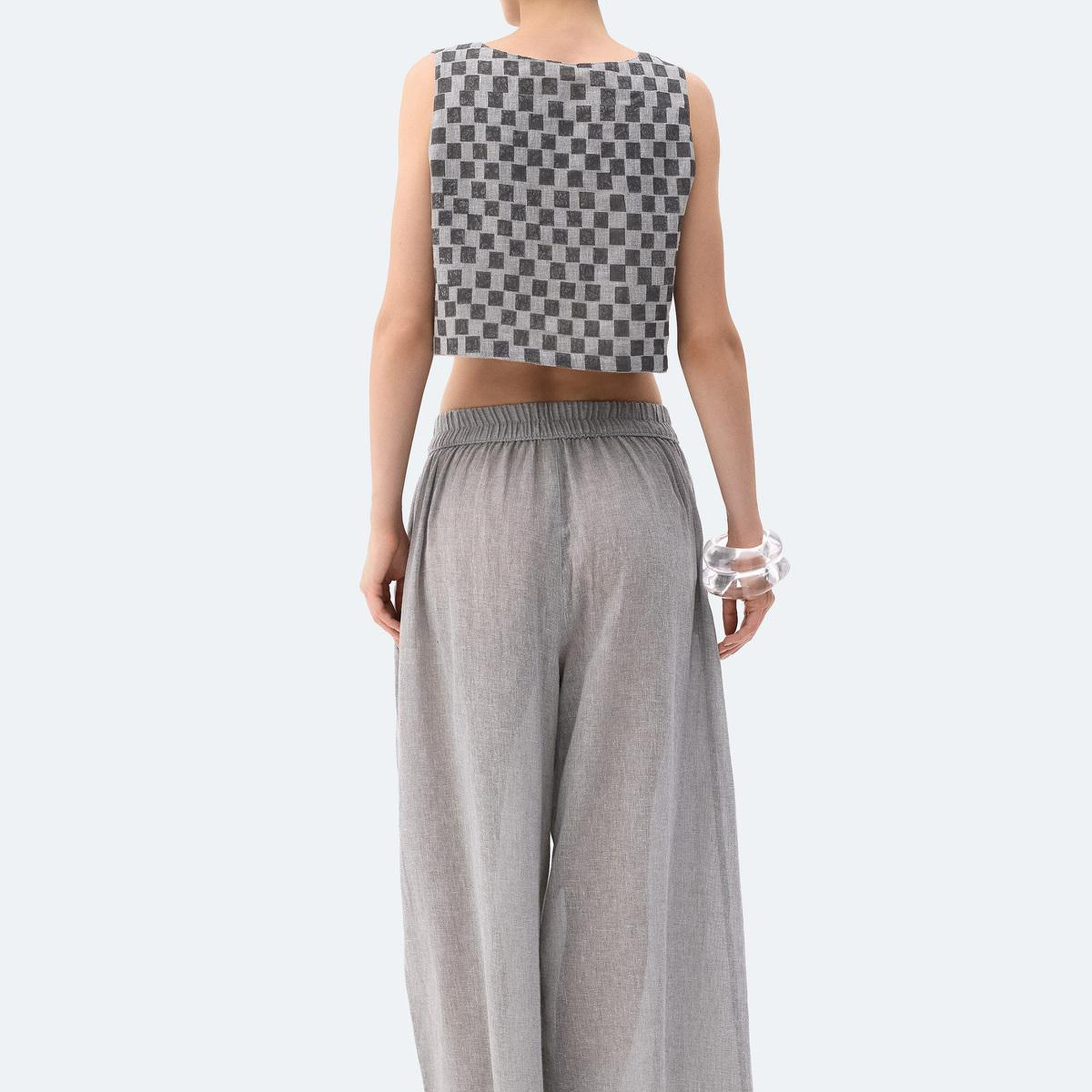 İKİKIZ Dama Desenli Crop Bluz Kadın Gri