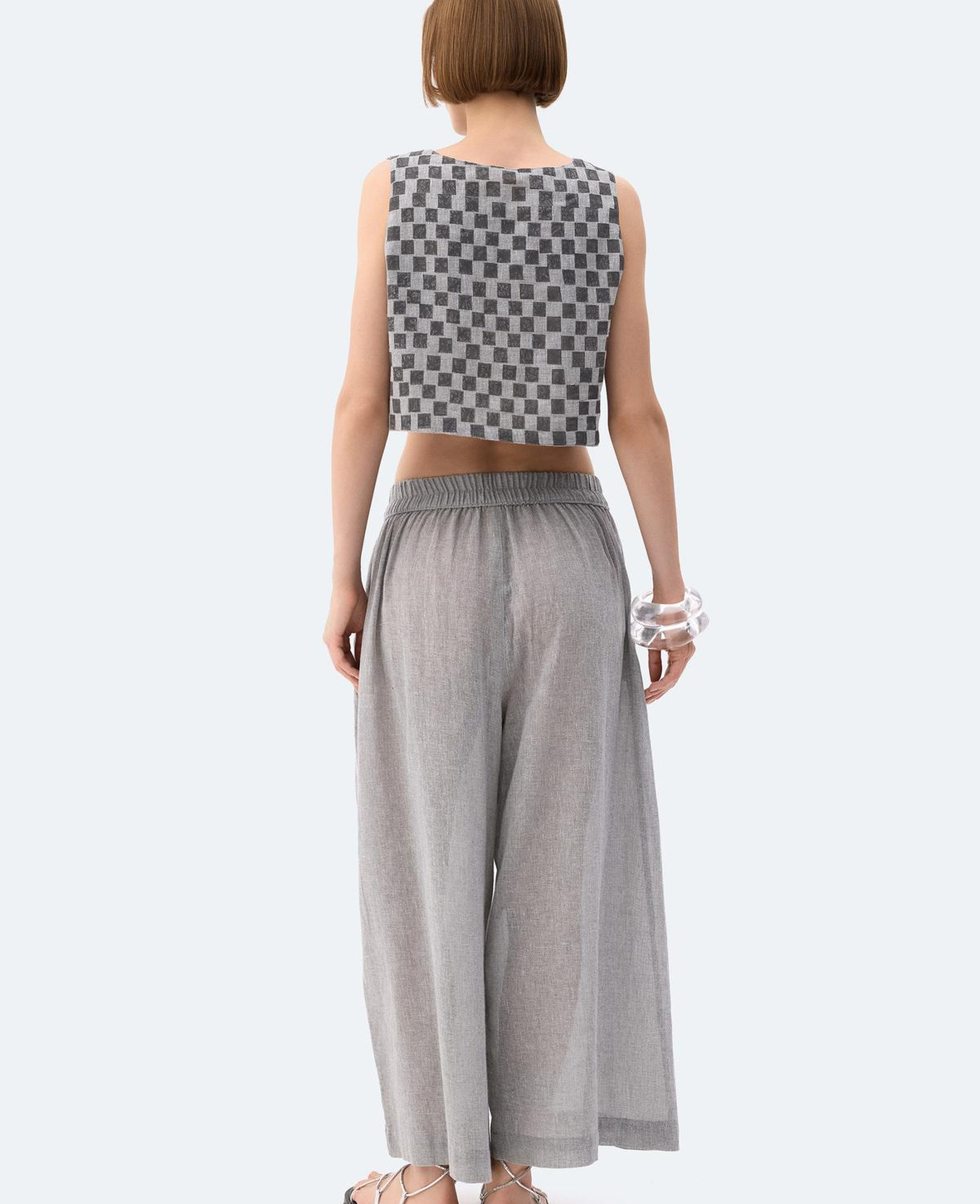 İKİKIZ Dama Desenli Crop Bluz Kadın Gri