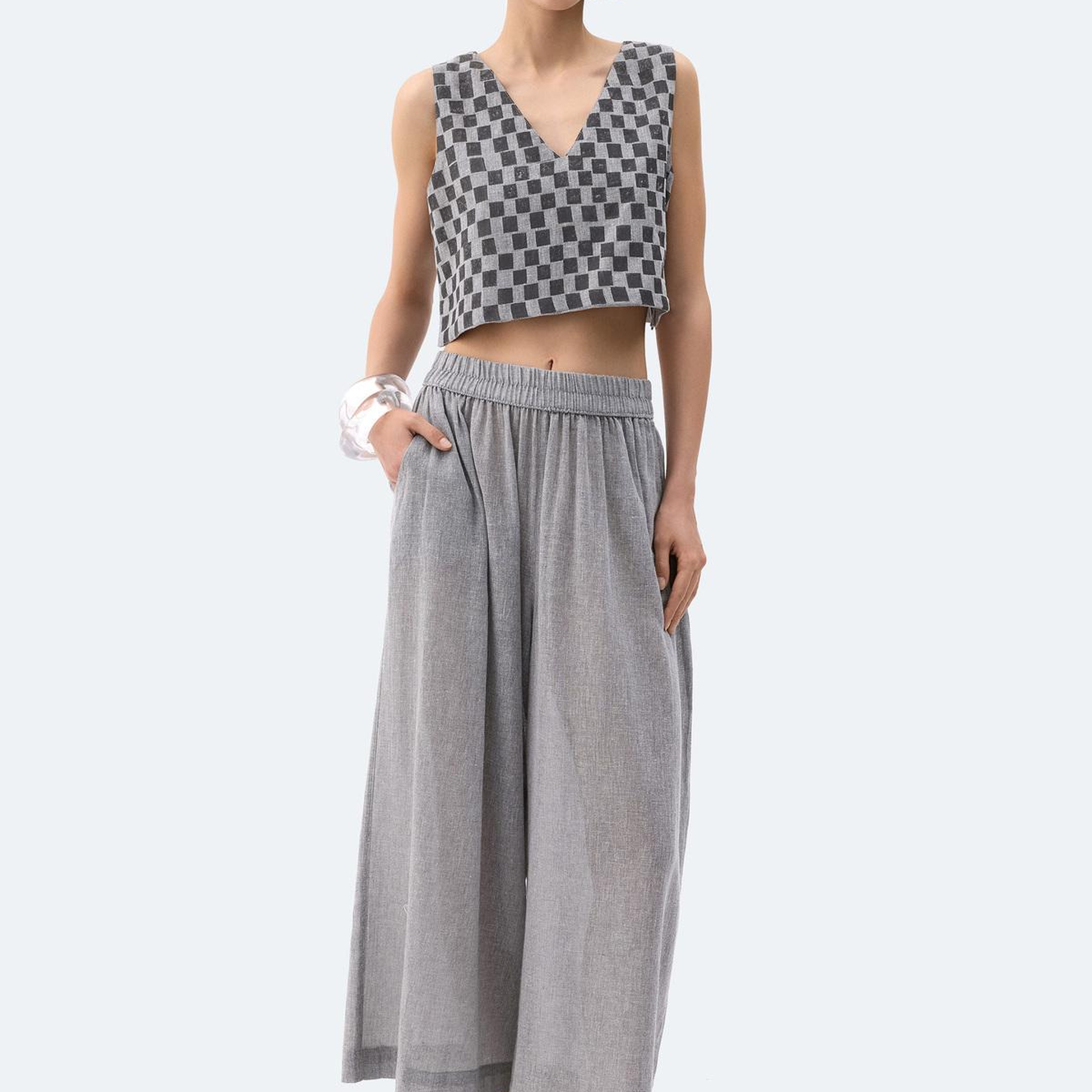 İKİKIZ Dama Desenli Crop Bluz Kadın Gri