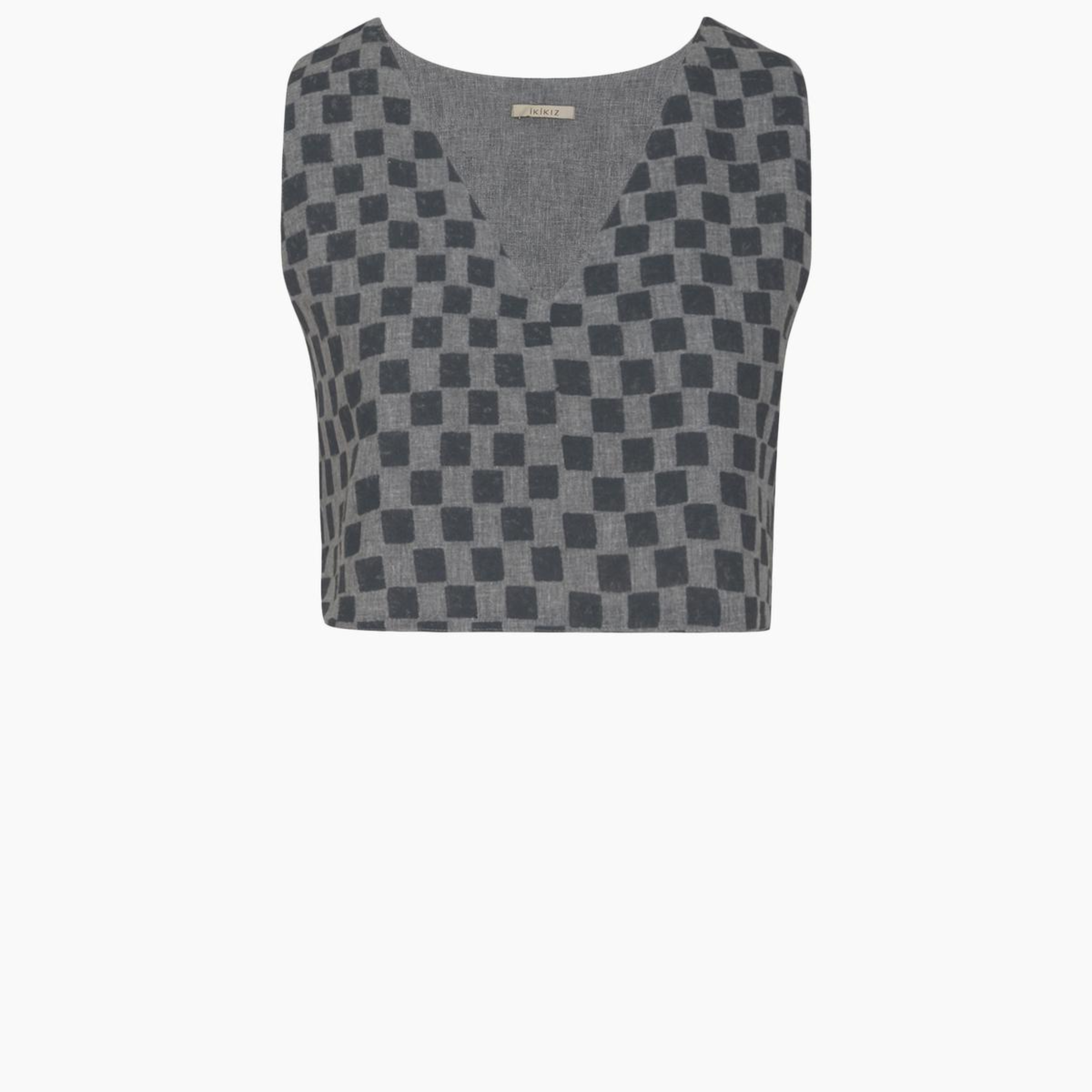 İKİKIZ Dama Desenli Crop Bluz Kadın Gri