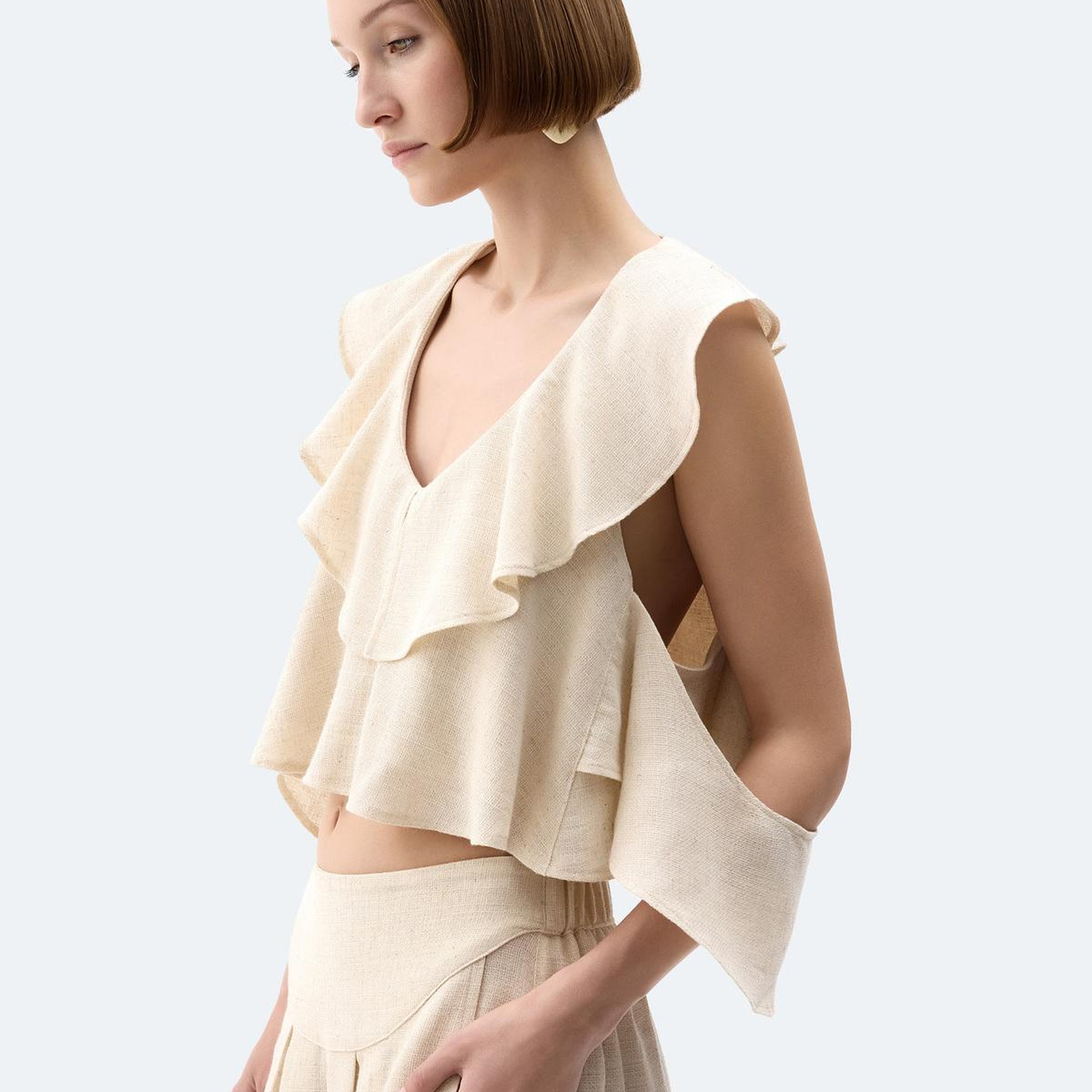 İKİKIZ Keten Fırfırlı Bluz Kadın Naturel