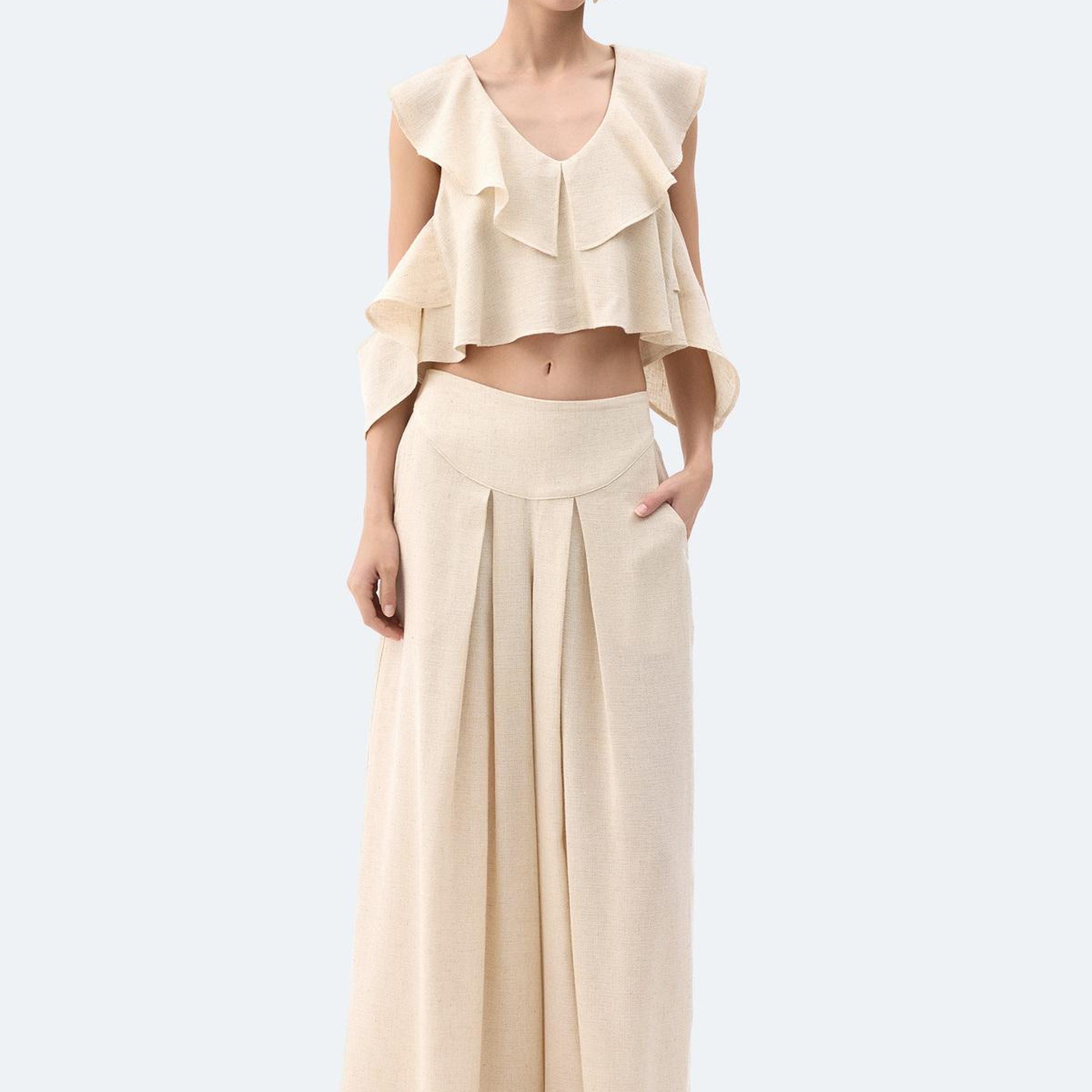 İKİKIZ Keten Fırfırlı Bluz Kadın Naturel