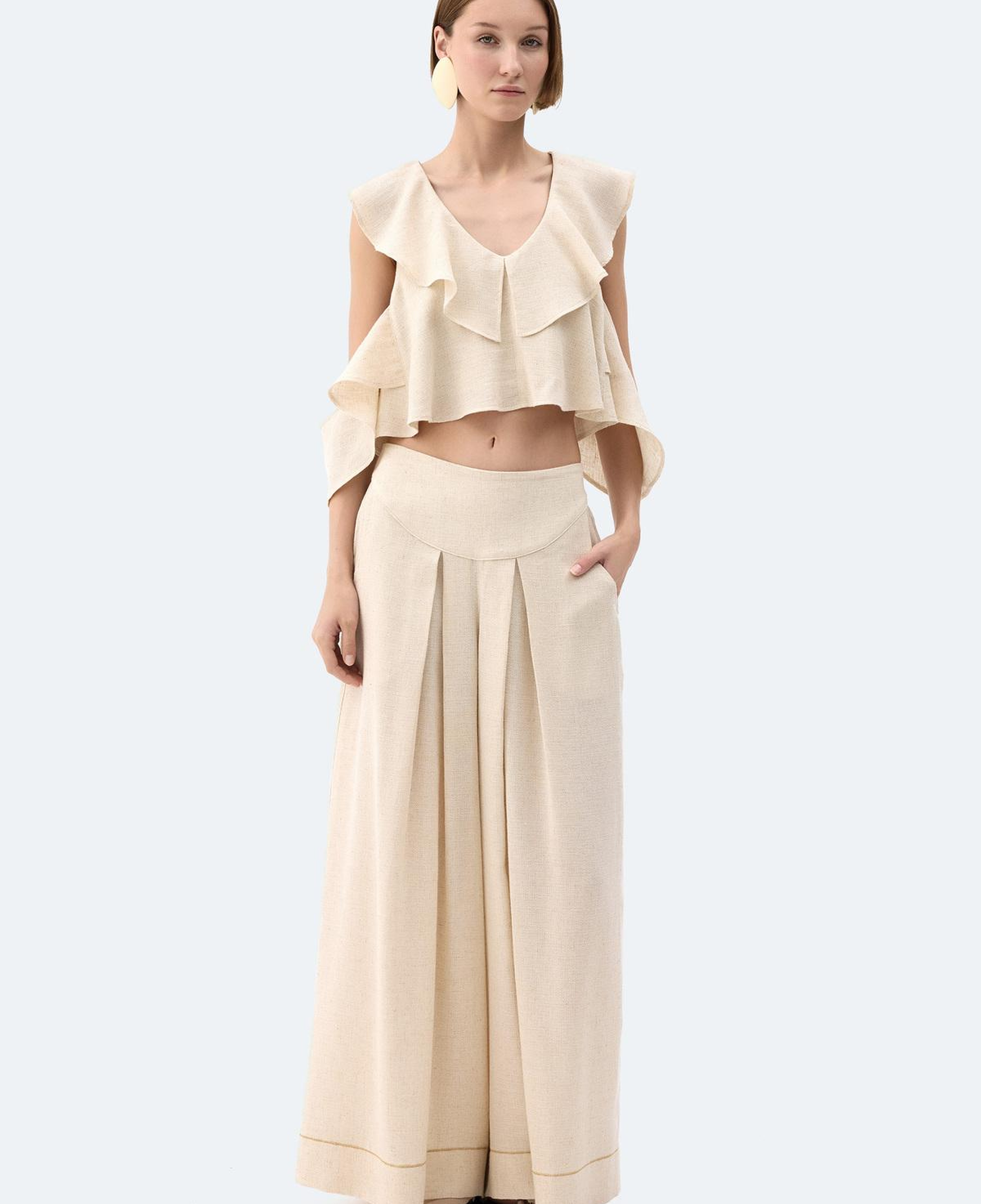 İKİKIZ Keten Fırfırlı Bluz Kadın Naturel