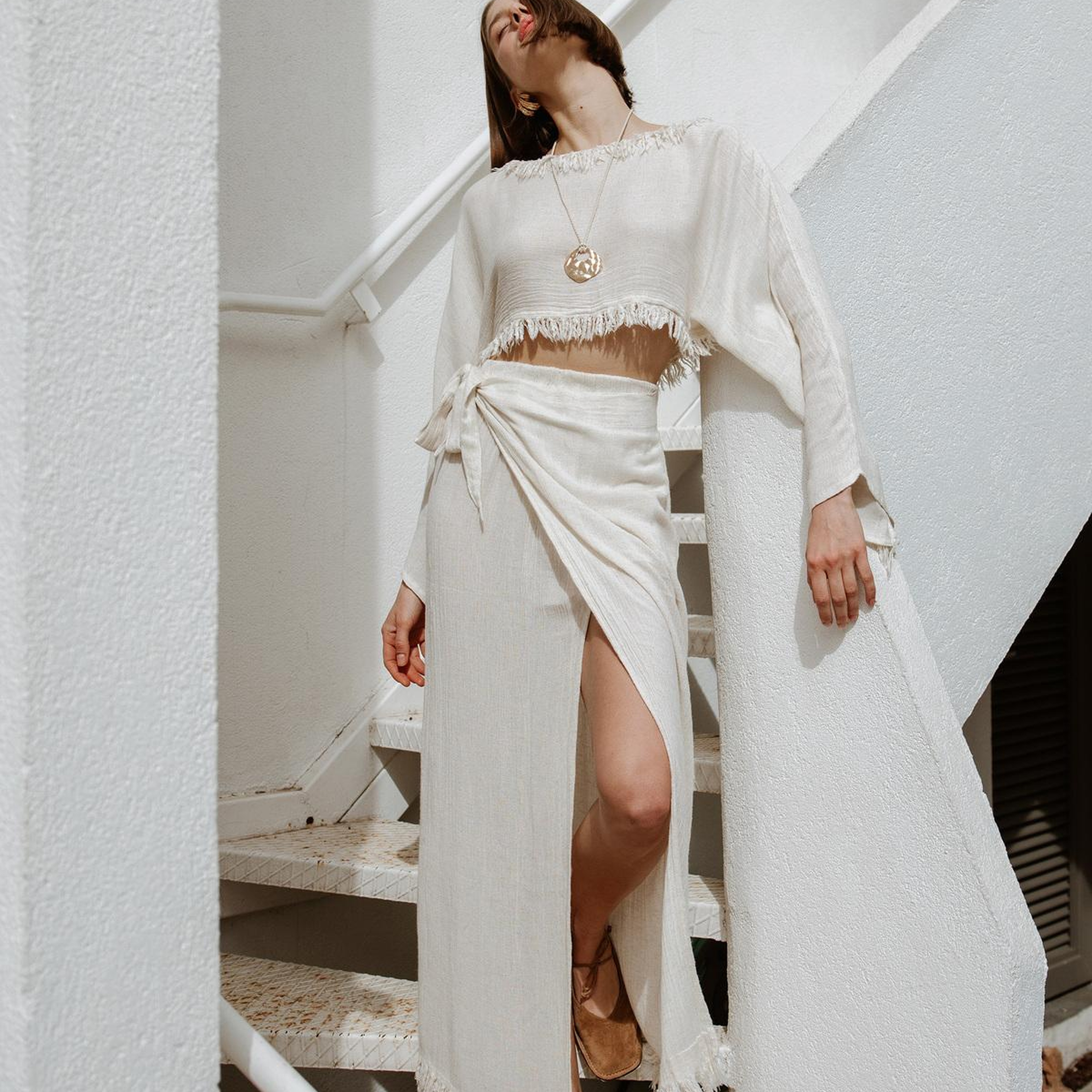 İKİKIZ Bürümcük Etek Takım Kadın Naturel