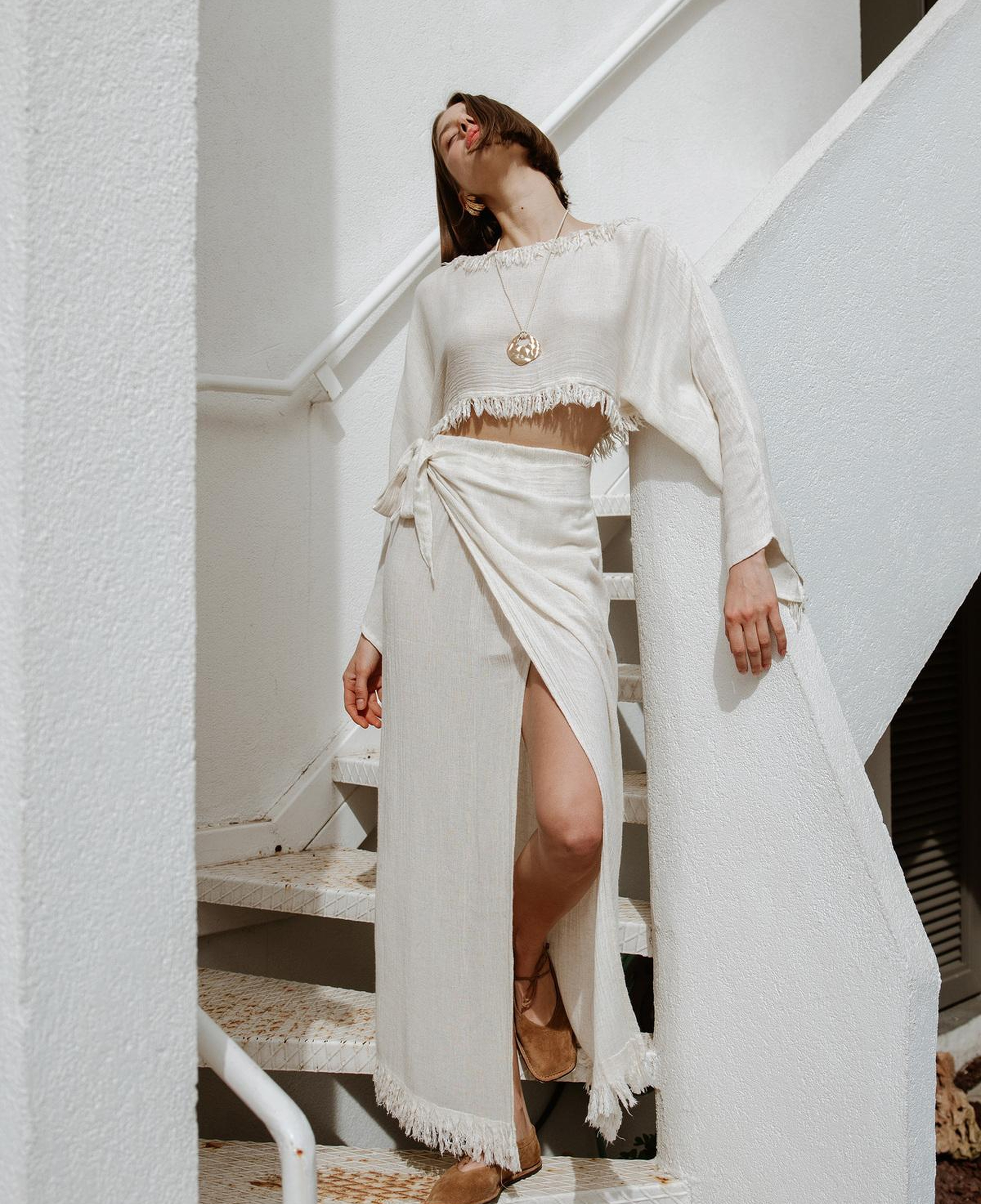 İKİKIZ Bürümcük Etek Takım Kadın Naturel