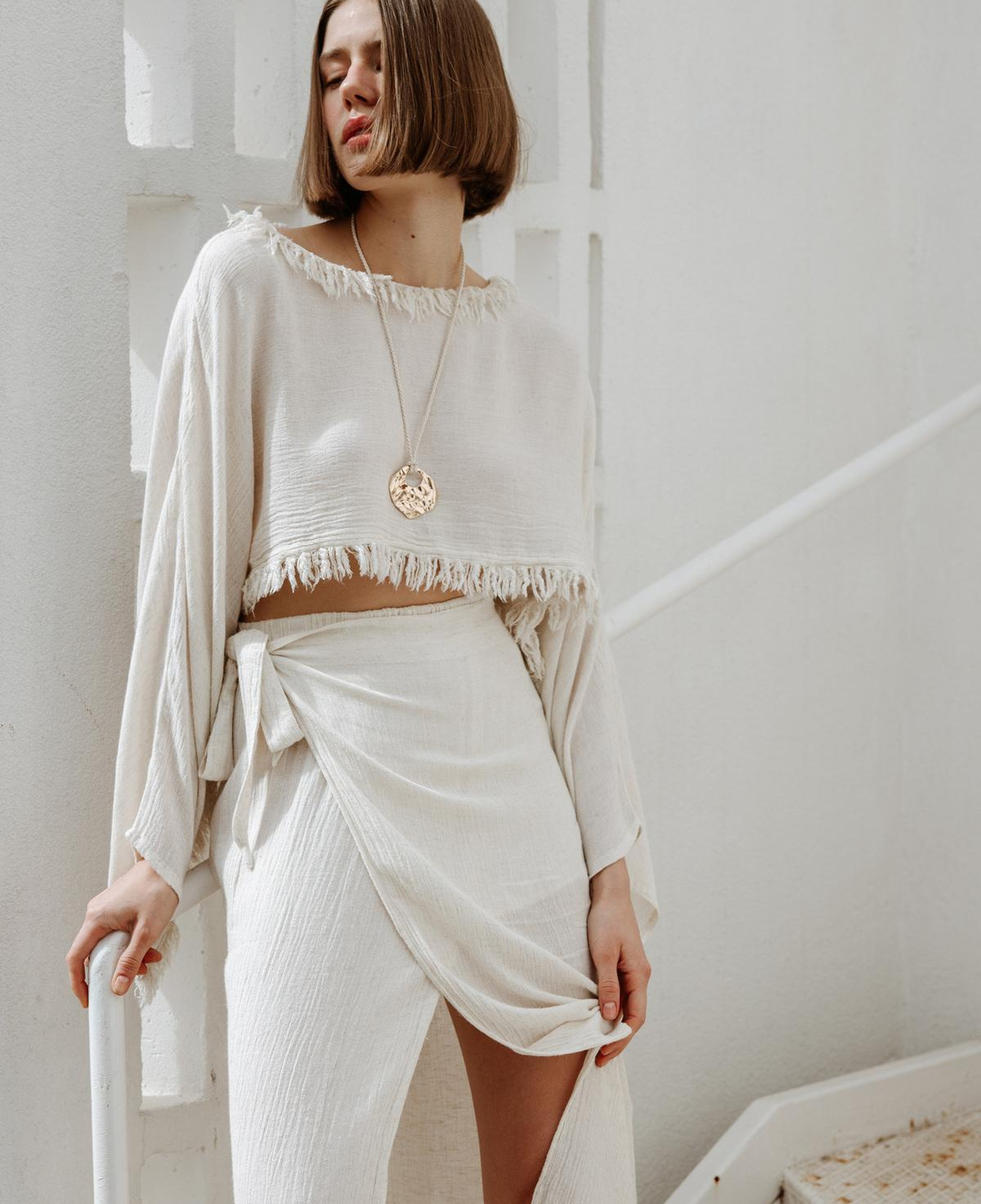 İKİKIZ Bürümcük Etek Takım Kadın Naturel