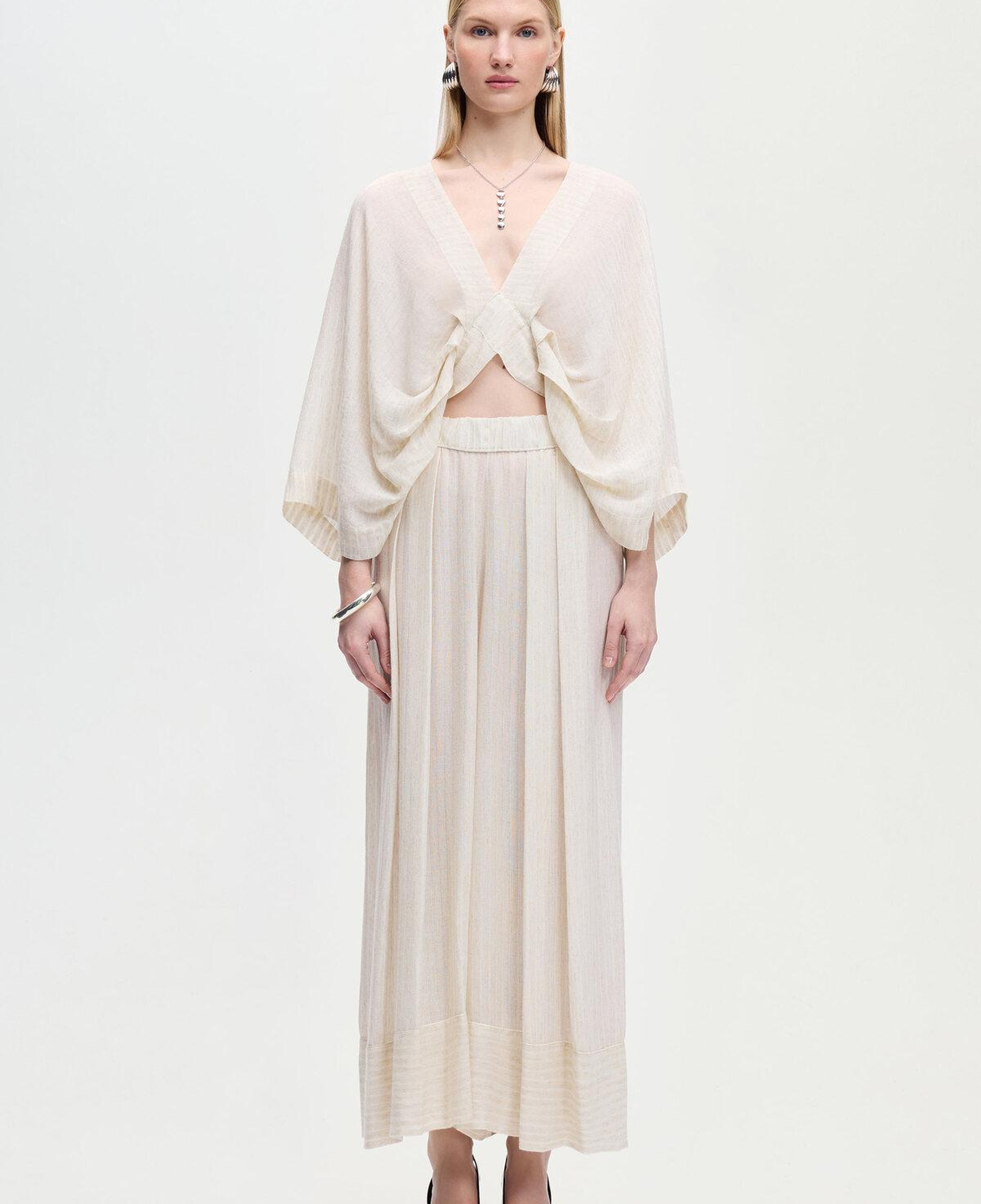 İKİKIZ V Yaka Bluz Kadın Naturel