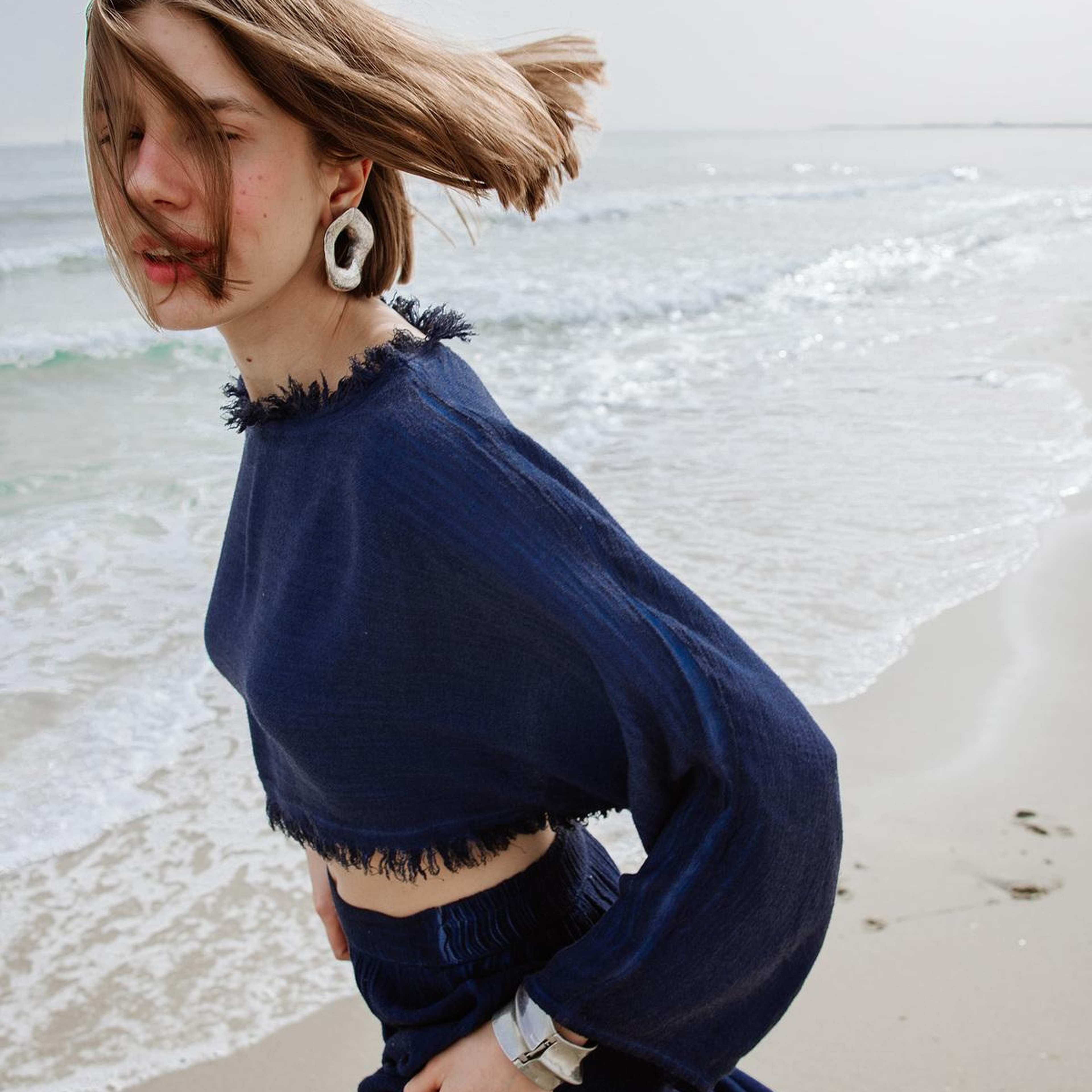 İKİKIZ Keten Navy Crop Bluz Kadın Mavi