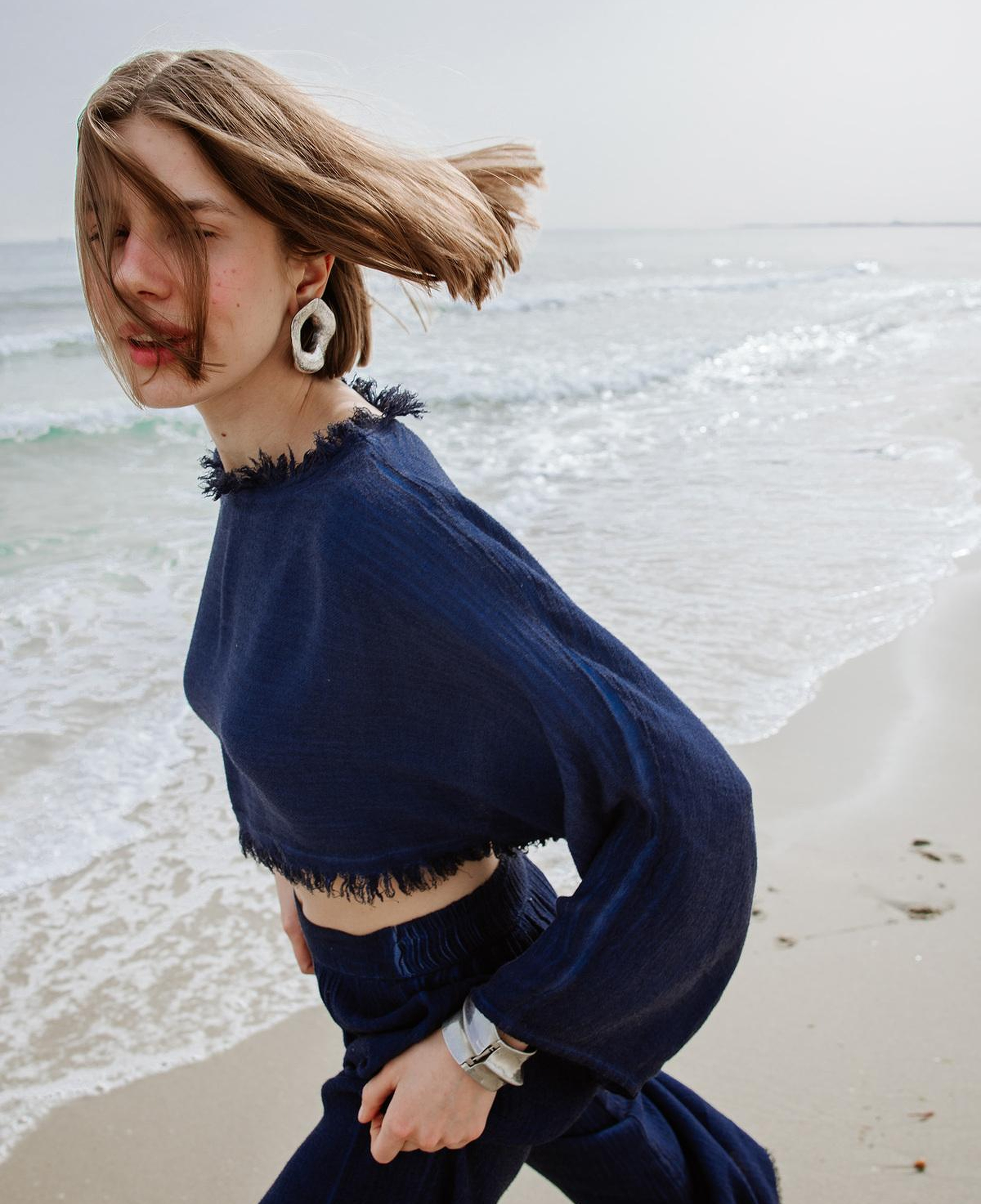 İKİKIZ Keten Navy Crop Bluz Kadın Mavi