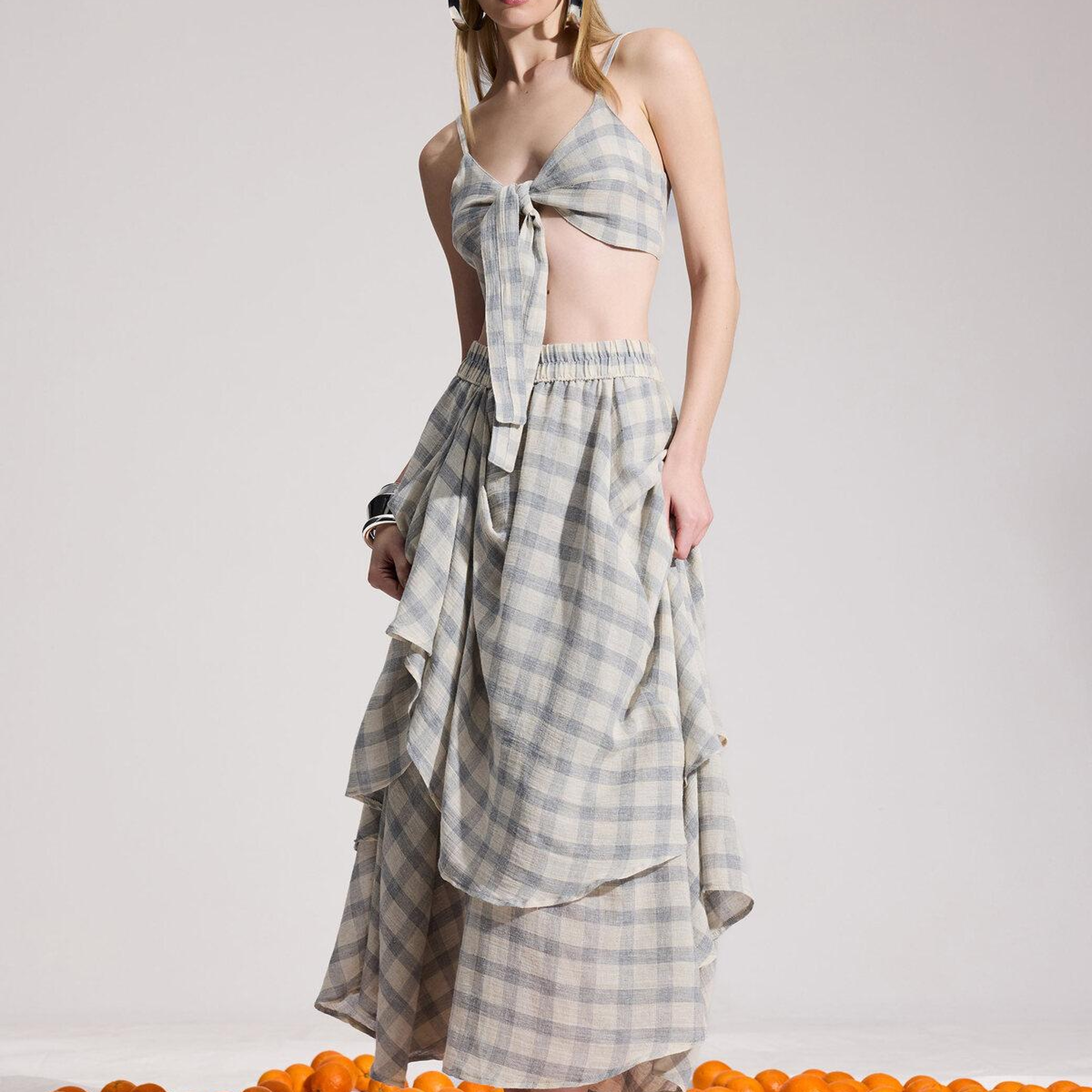 İKİKIZ Gri Ekose Etek Kadın Renkli