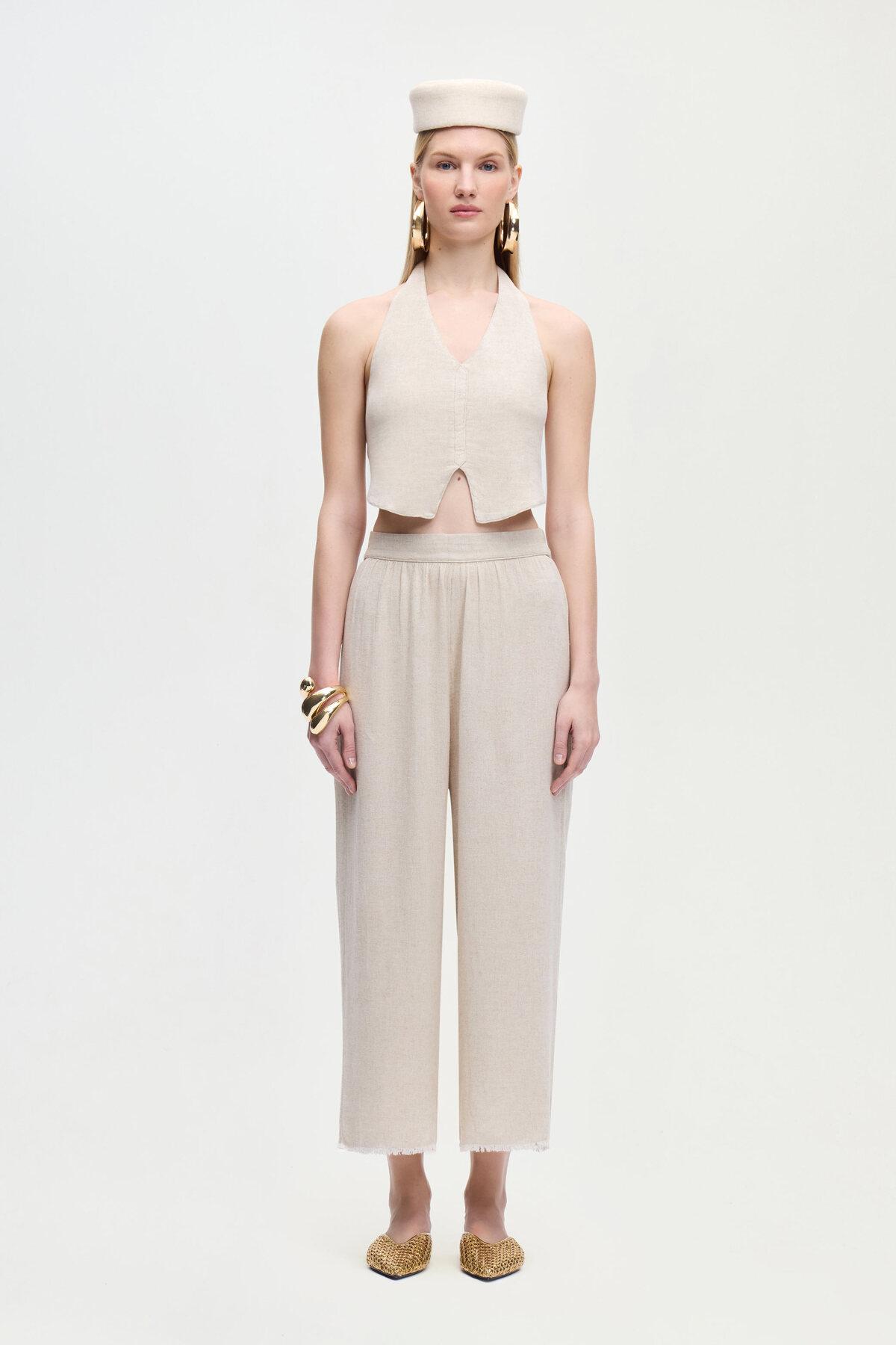 İKİKIZ Keten Naturel Yelek Kadın Naturel