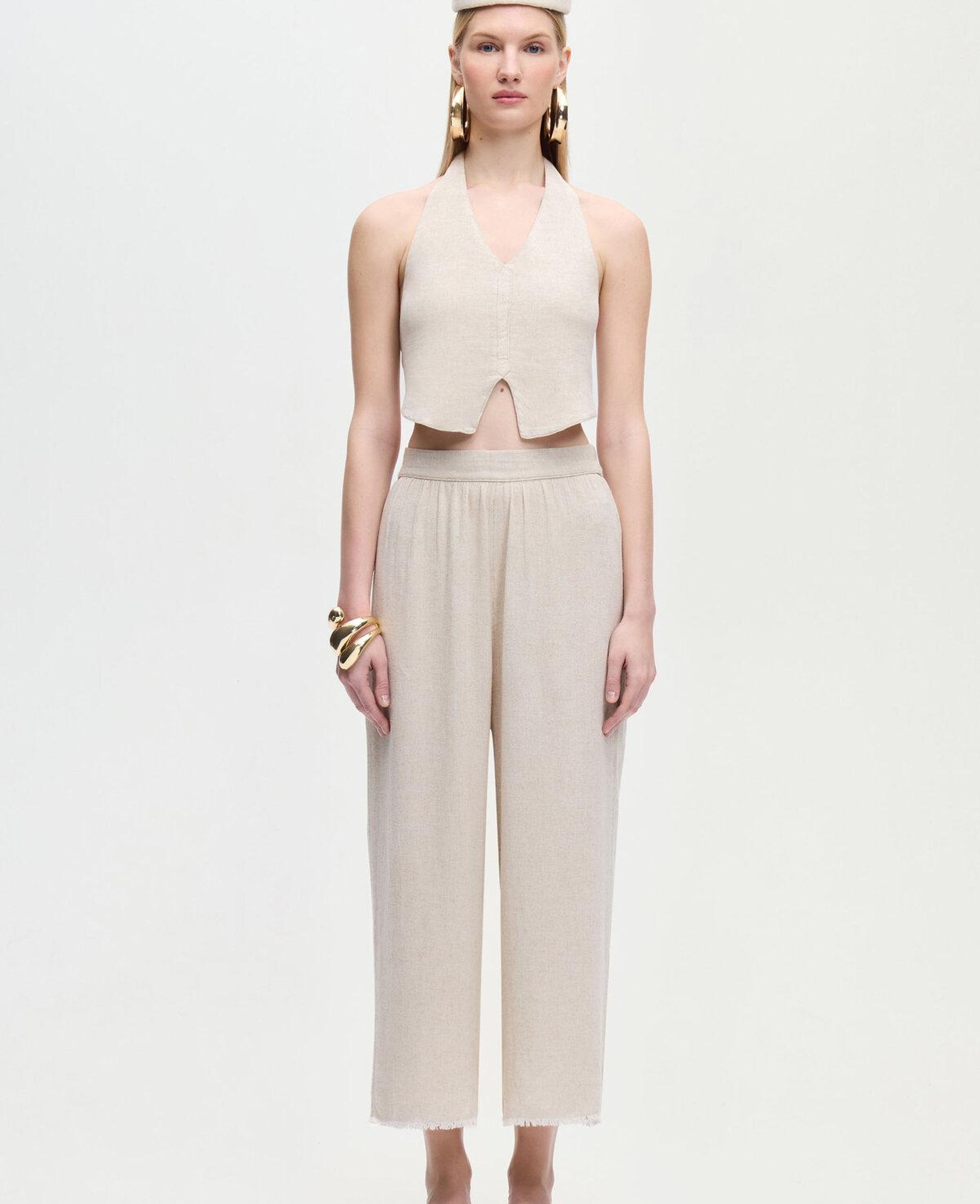 İKİKIZ Keten Naturel Yelek Kadın Naturel