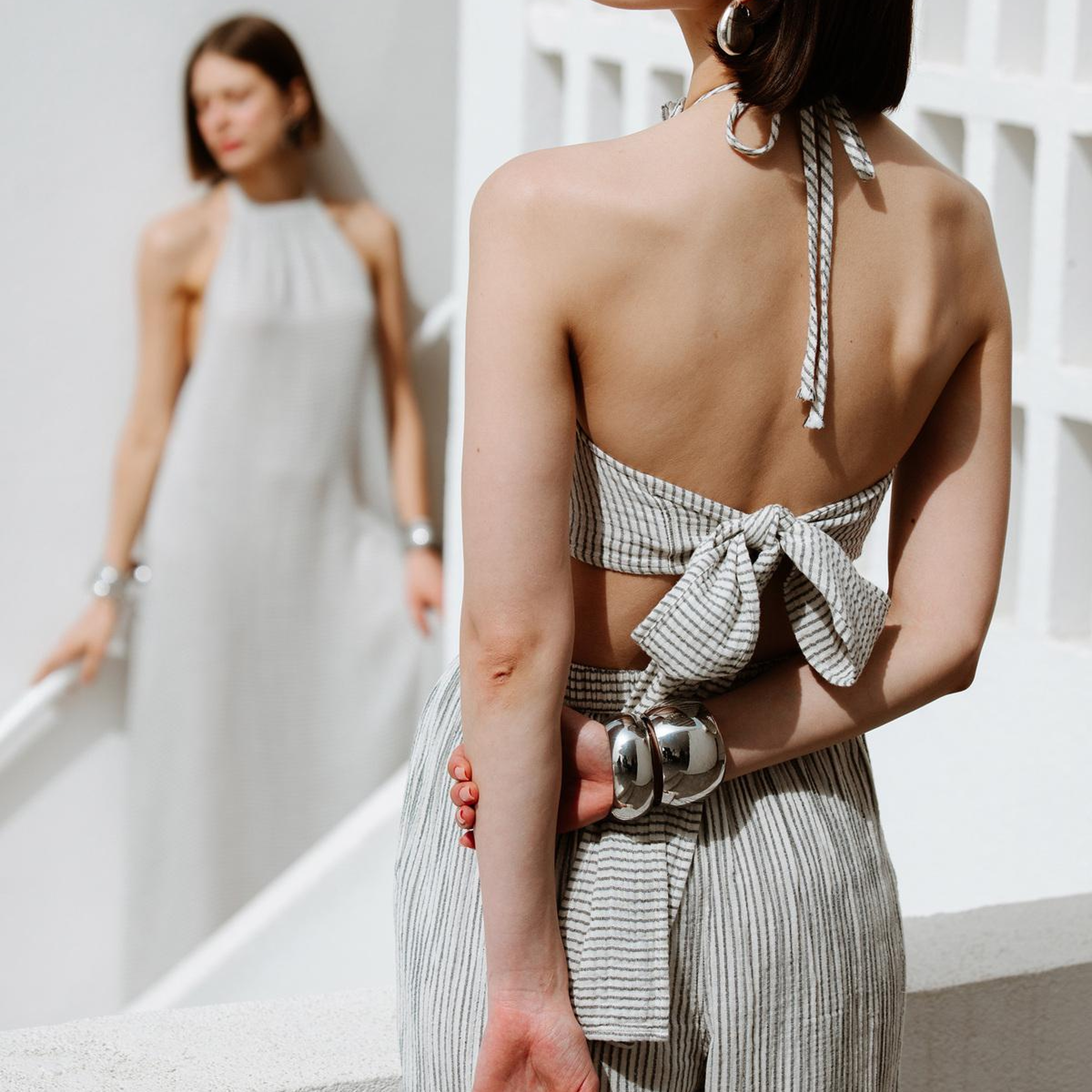 İKİKIZ Crinkle Çizgili Halter Yaka Bluz Kadın Renkli