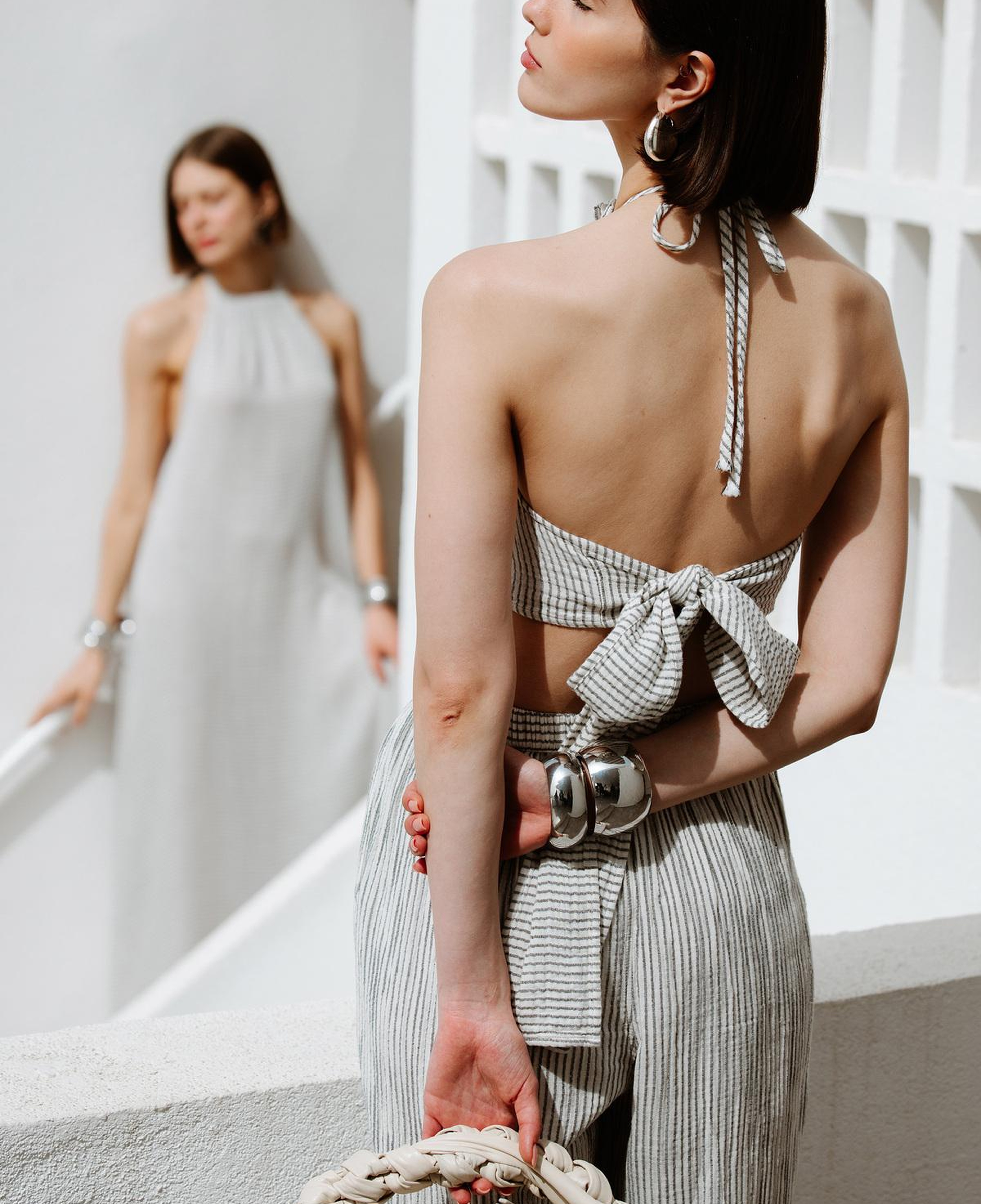 İKİKIZ Crinkle Çizgili Halter Yaka Bluz Kadın Renkli