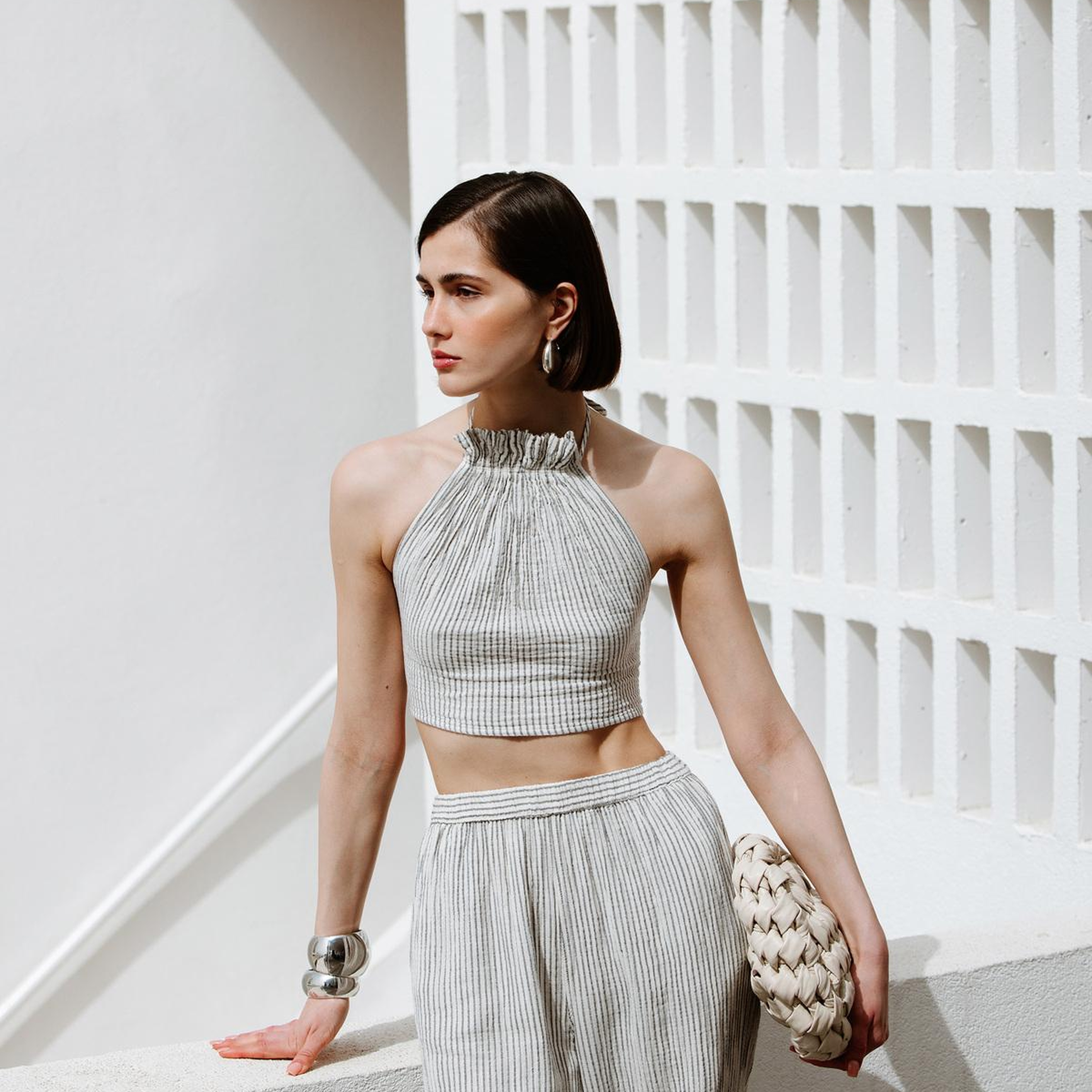 İKİKIZ Crinkle Çizgili Halter Yaka Bluz Kadın Renkli