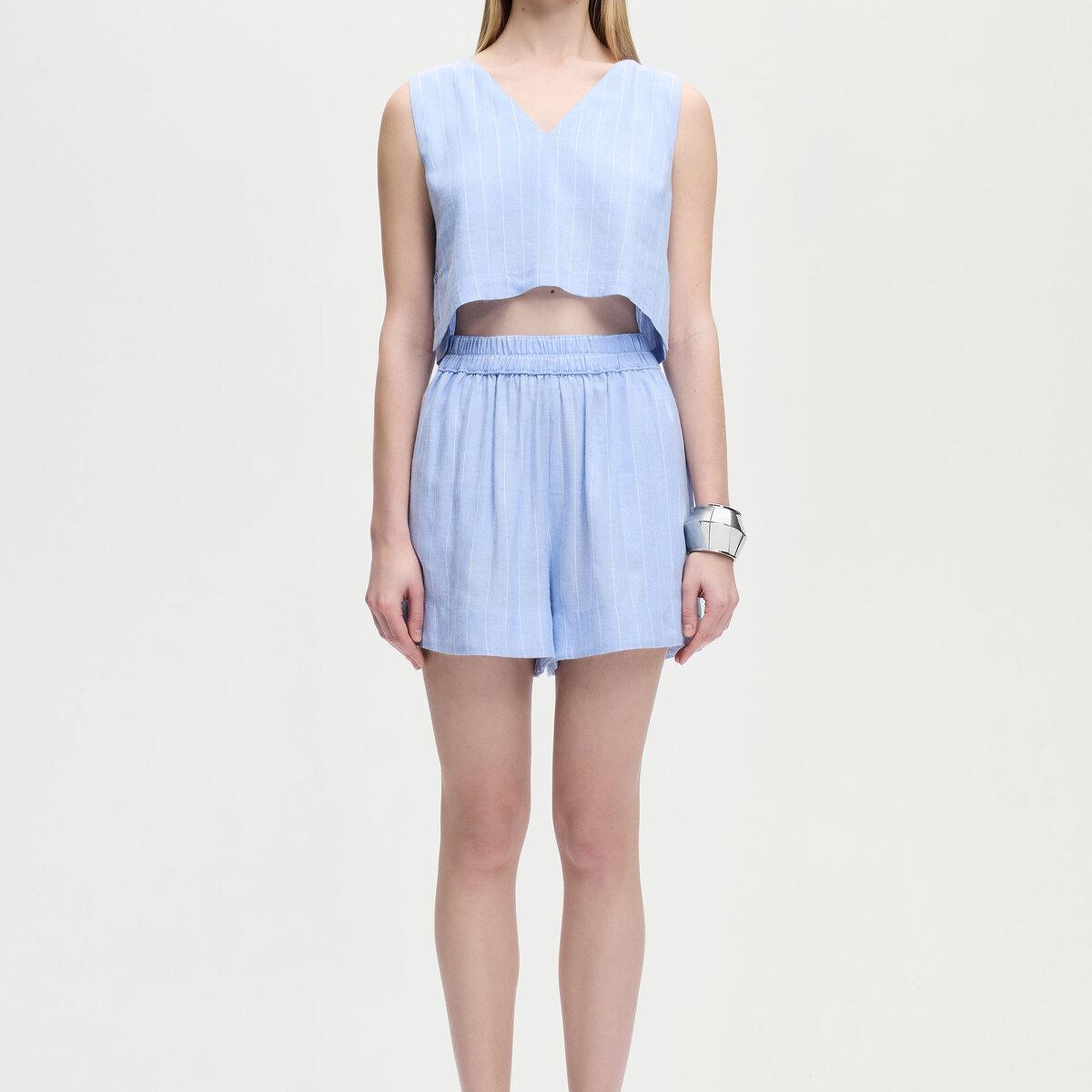 İKİKIZ Keten Karışımlı Çizgili Şort Kadın Mavi