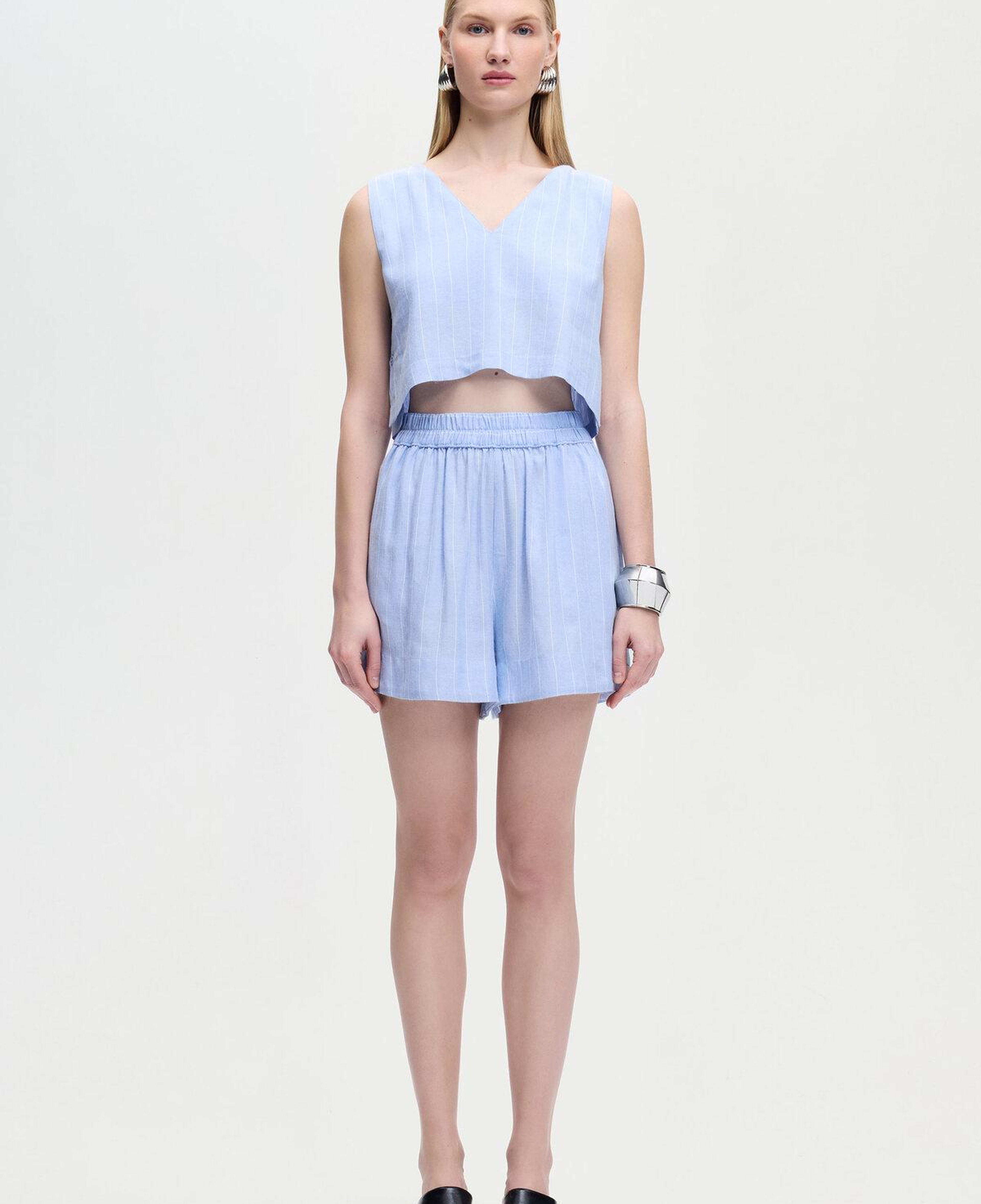 İKİKIZ Keten Karışımlı Çizgili Şort Kadın Mavi