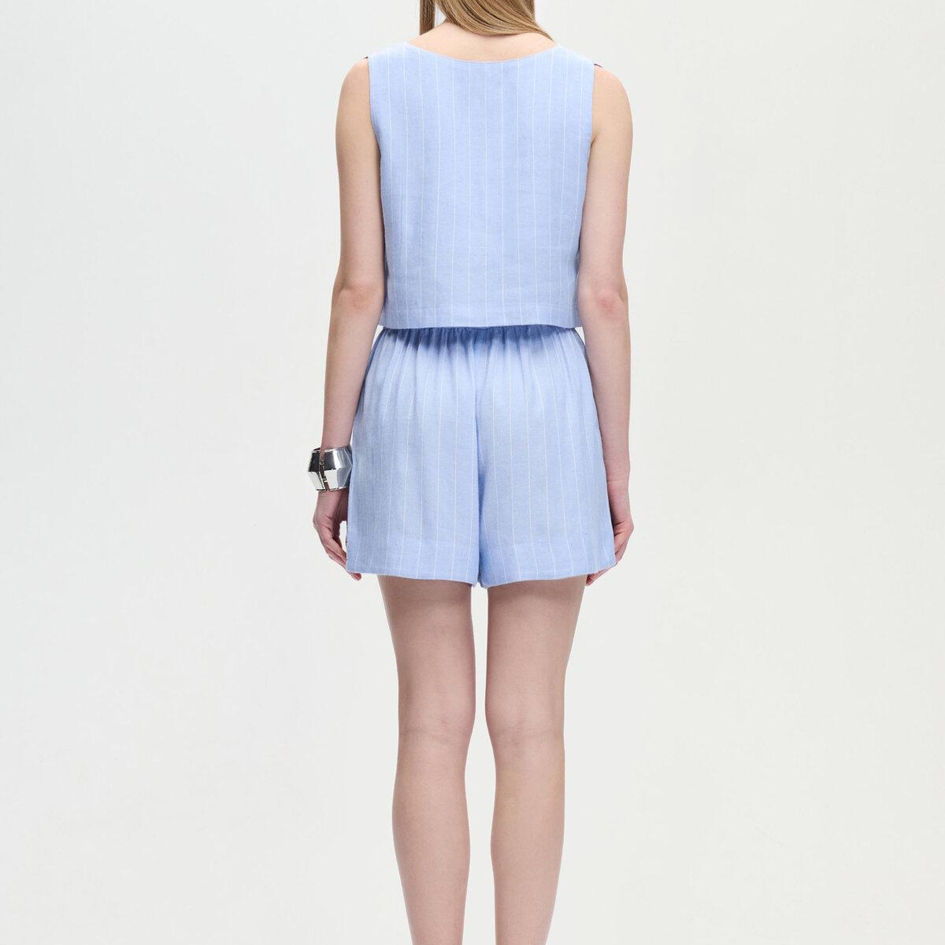 İKİKIZ Keten Karışımlı Çizgili Şort Kadın Mavi