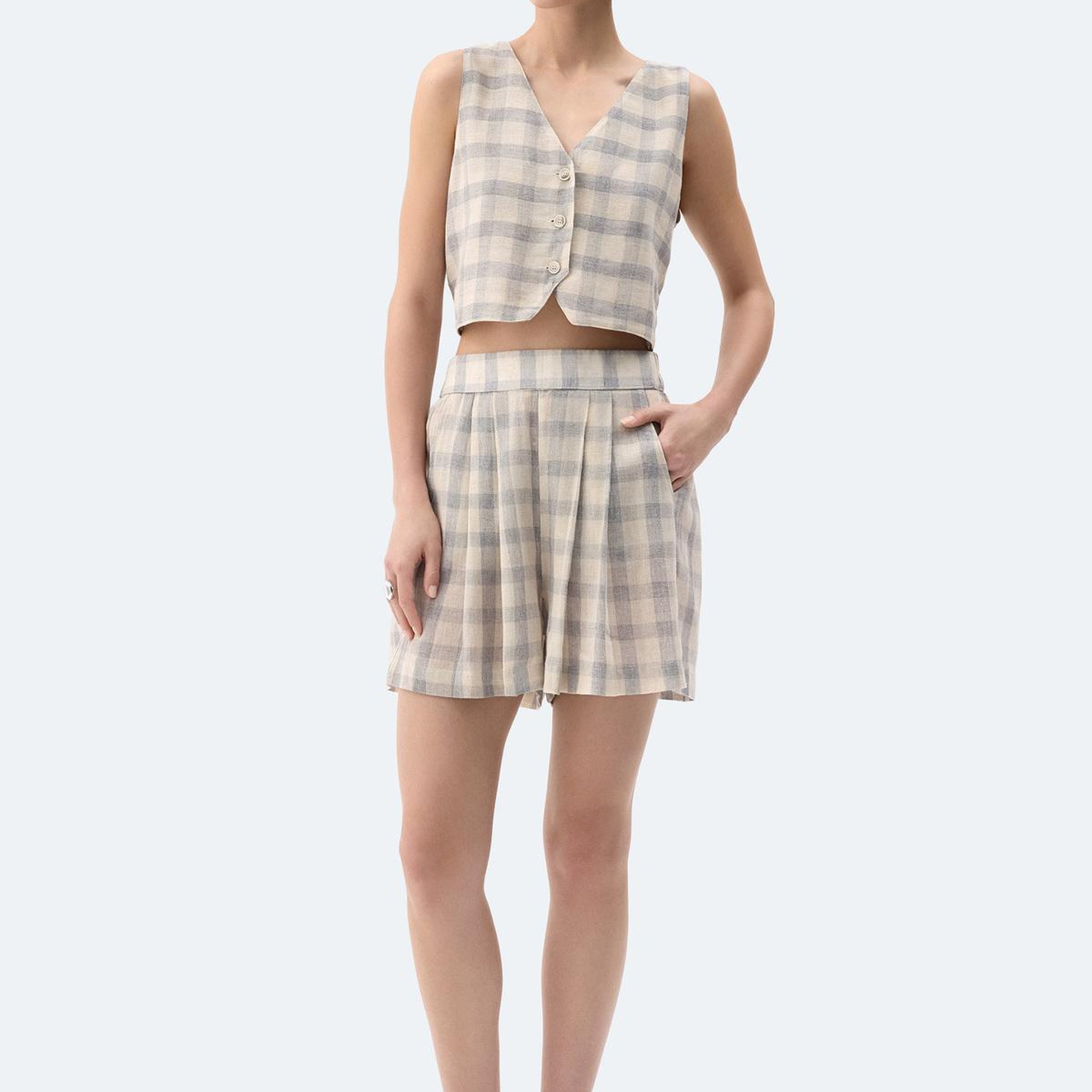 İKİKIZ Gri Ekose Şort Kadın Renkli