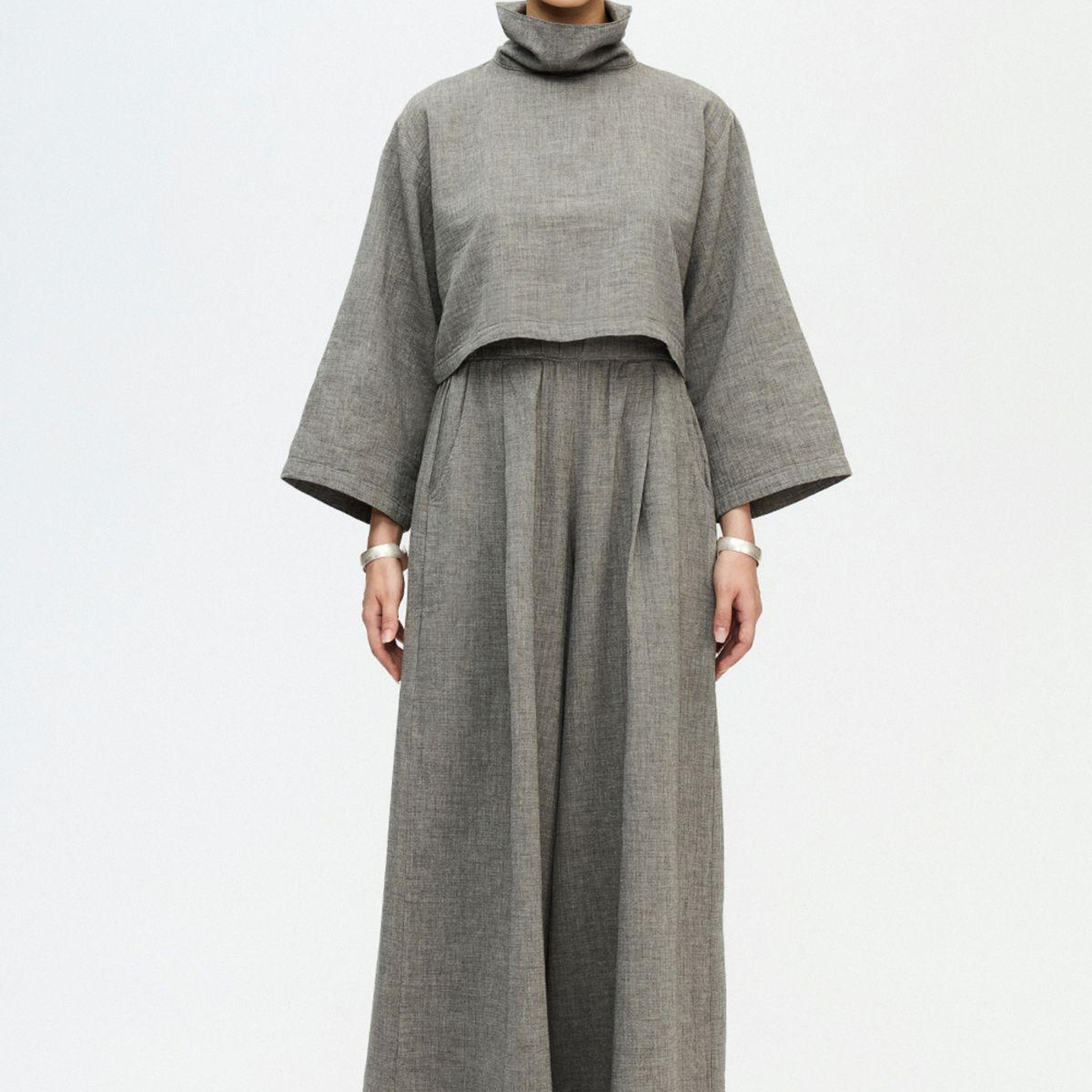 İKİKIZ Gri Boğazlı Crop Bluz