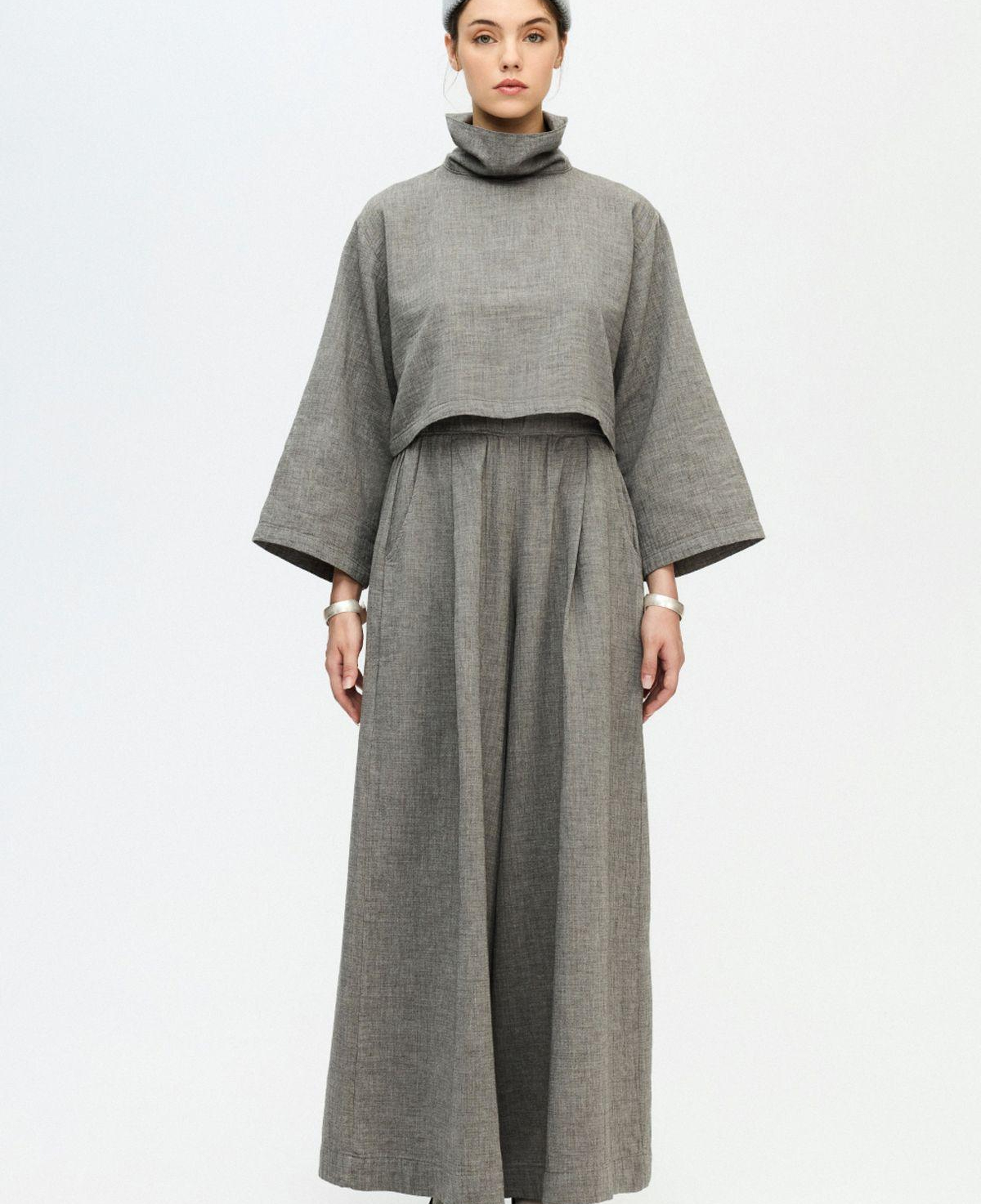 İKİKIZ Gri Boğazlı Crop Bluz