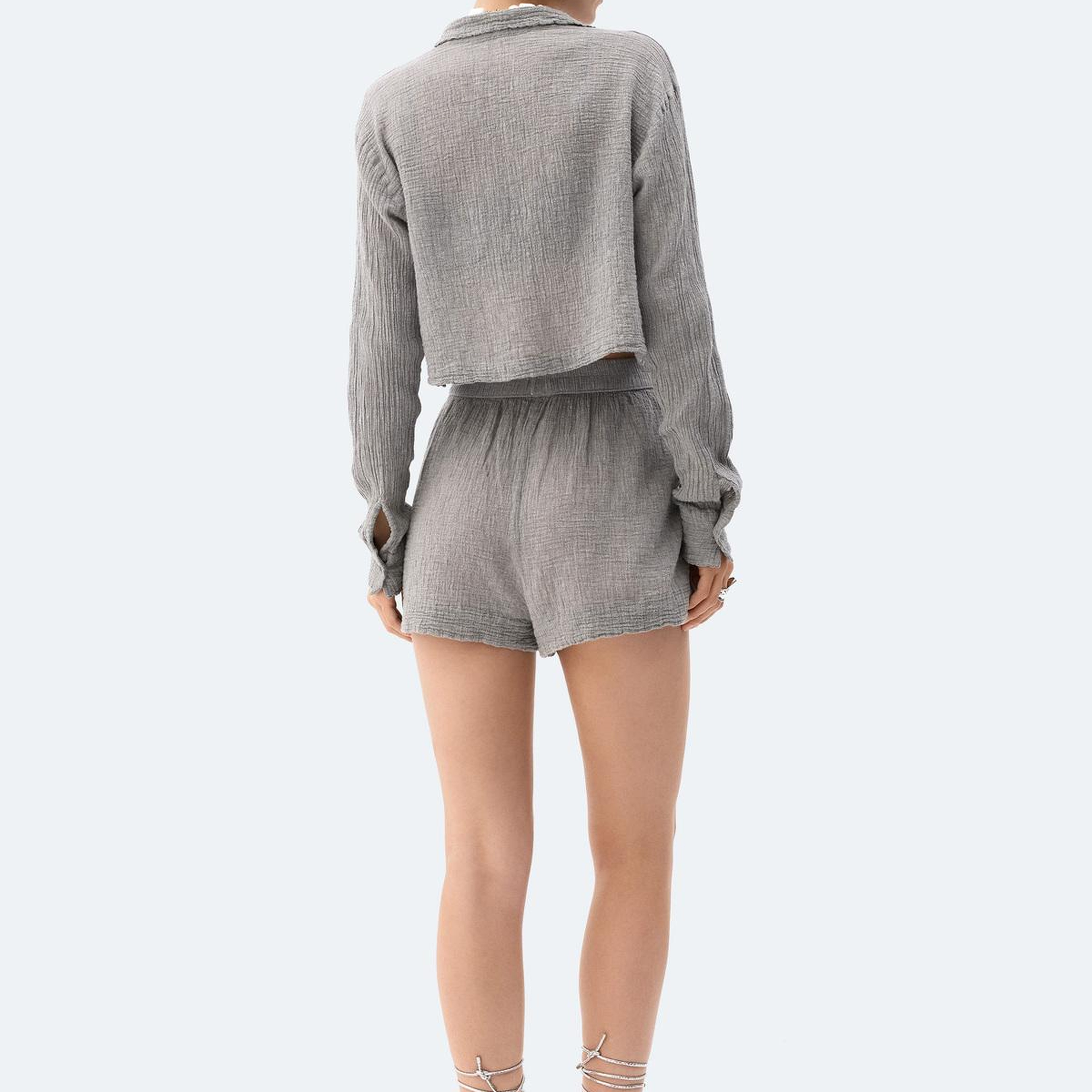 İKİKIZ Gri Crinkle Crop Gömlek Kadın Gri