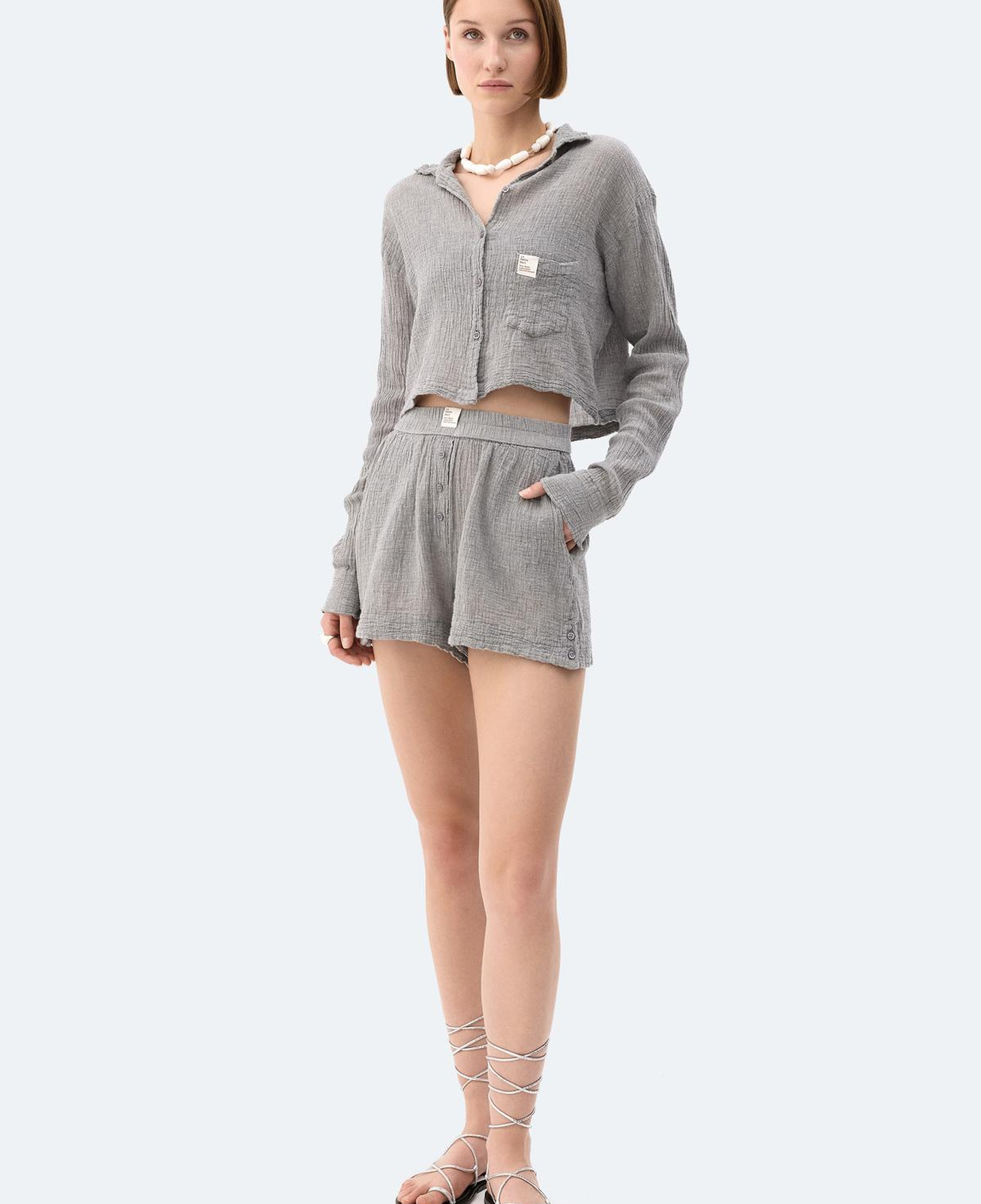 İKİKIZ Gri Crinkle Crop Gömlek Kadın Gri