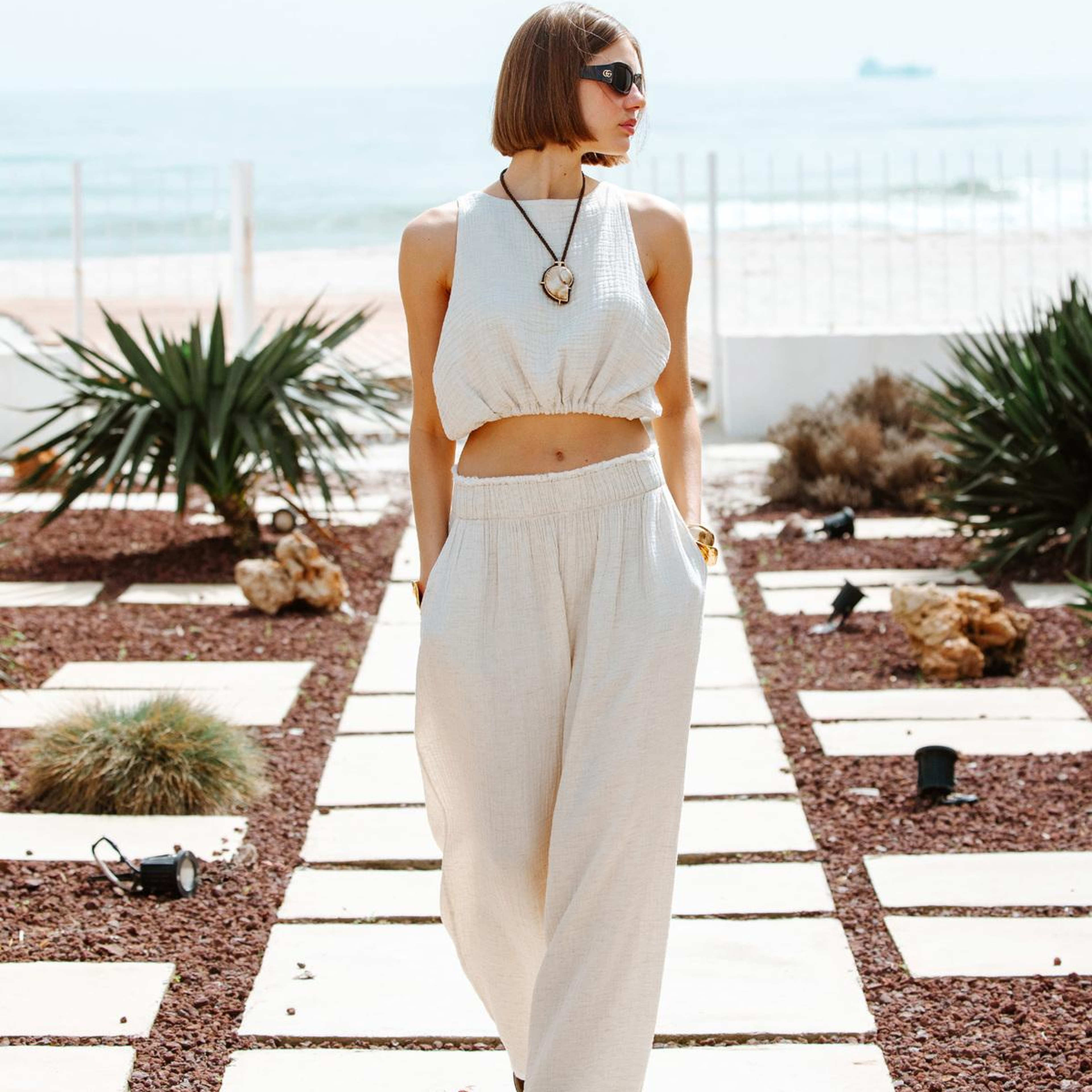 İKİKIZ Crinkle Palazzo Pantolon Kadın Naturel