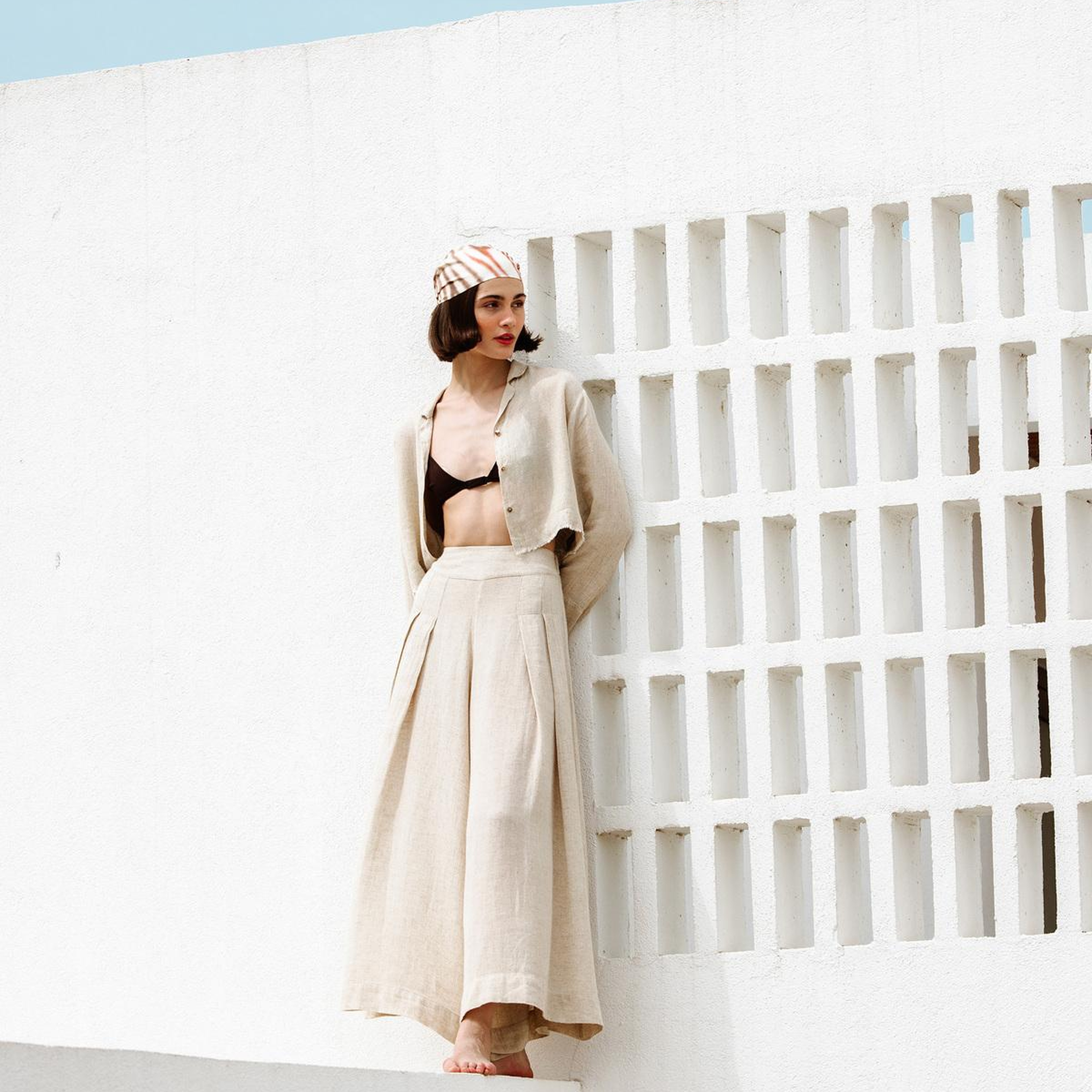 İKİKIZ Keten Pileli Palazzo Pantolon Kadın Naturel