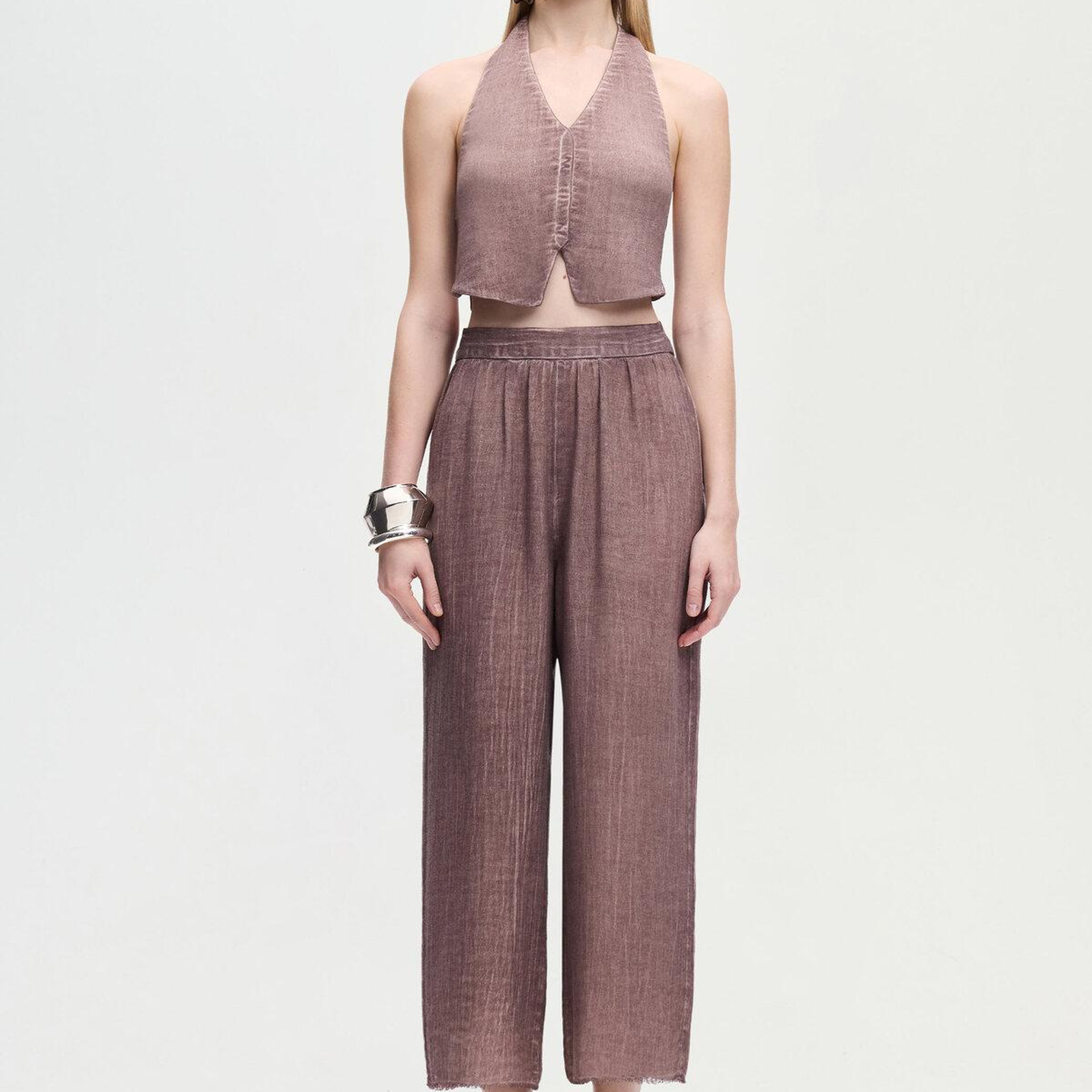 İKİKIZ Keten Pantolon Kadın Kahverengi