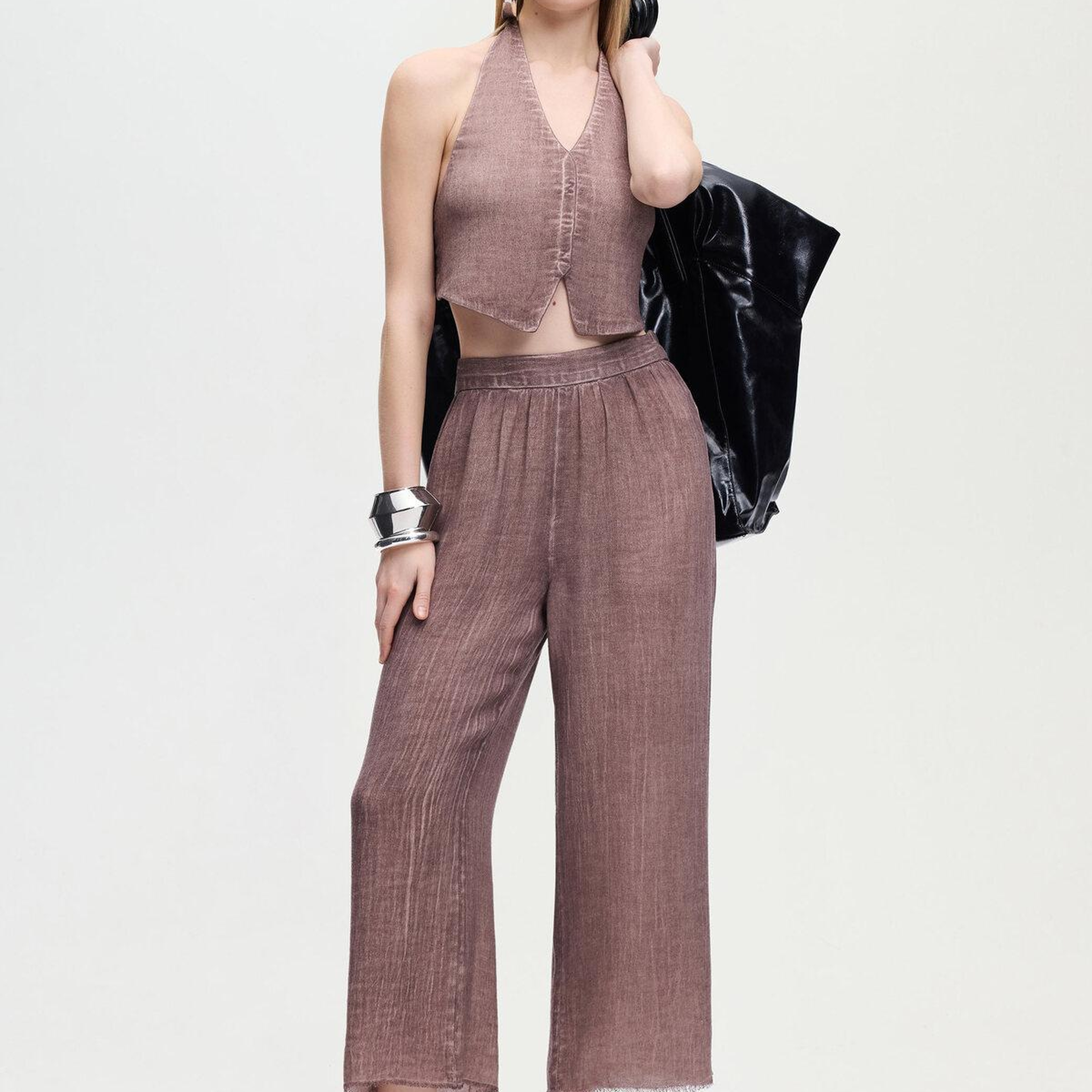 İKİKIZ Keten Pantolon Kadın Kahverengi