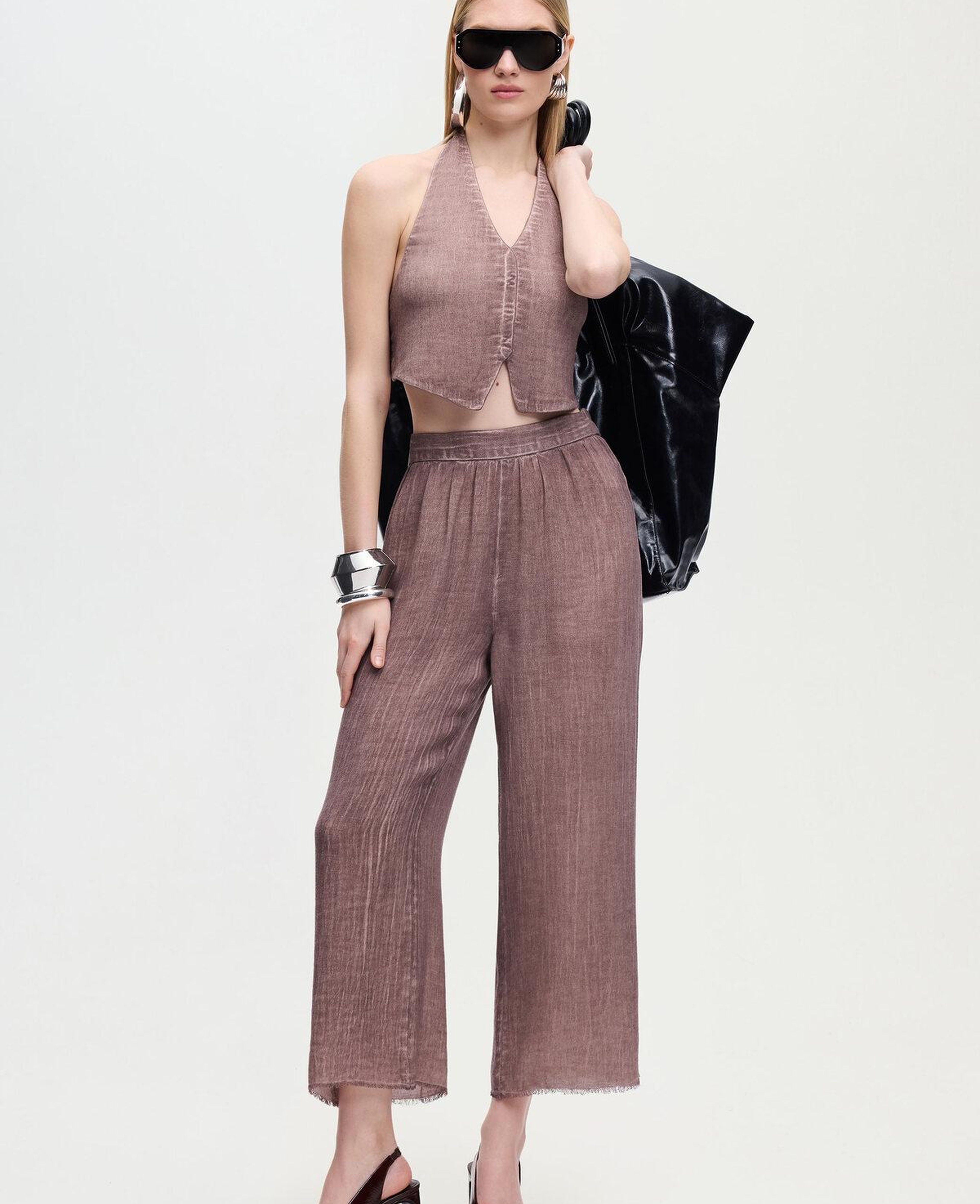 İKİKIZ Keten Pantolon Kadın Kahverengi