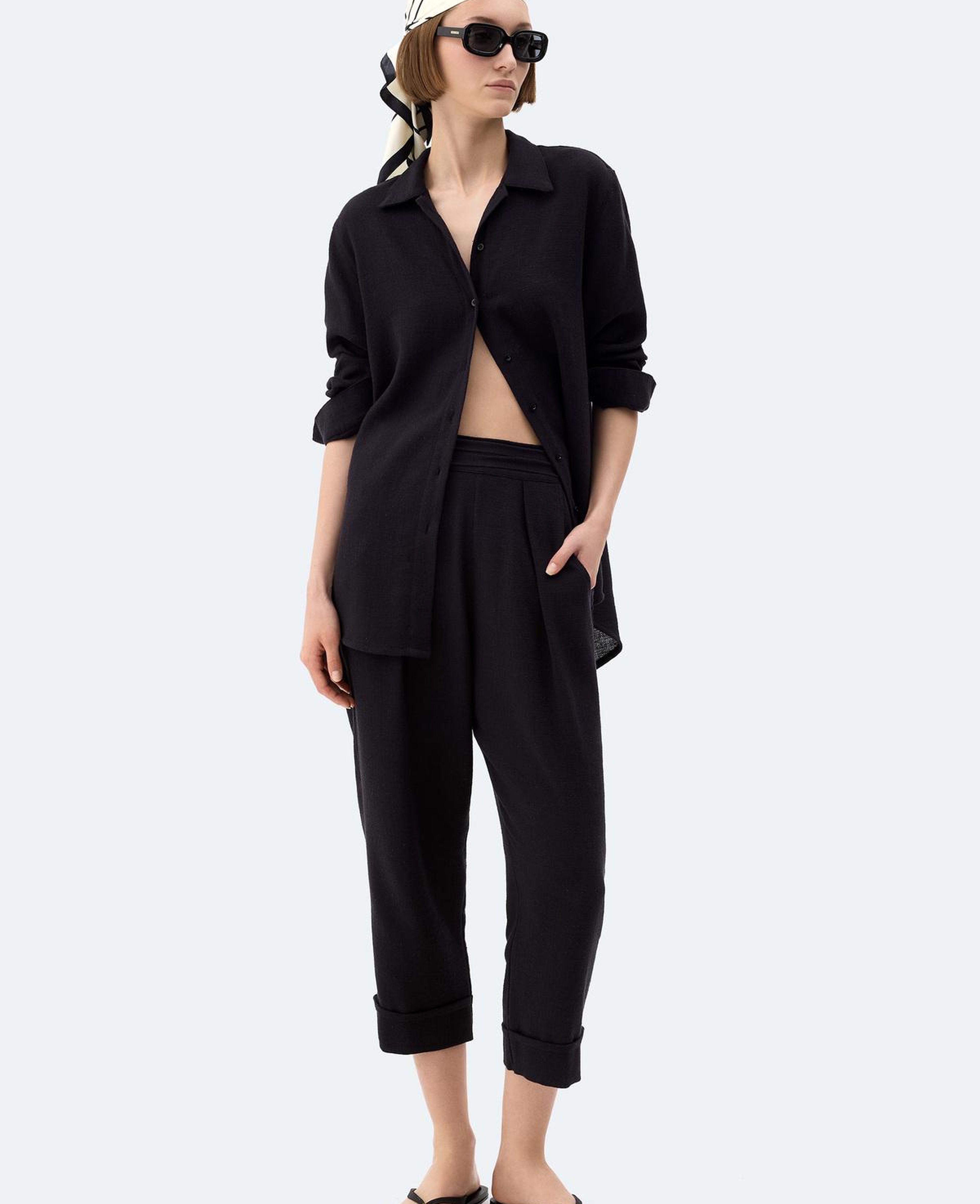 İKİKIZ Keten Pilili Pantolon Kadın Siyah