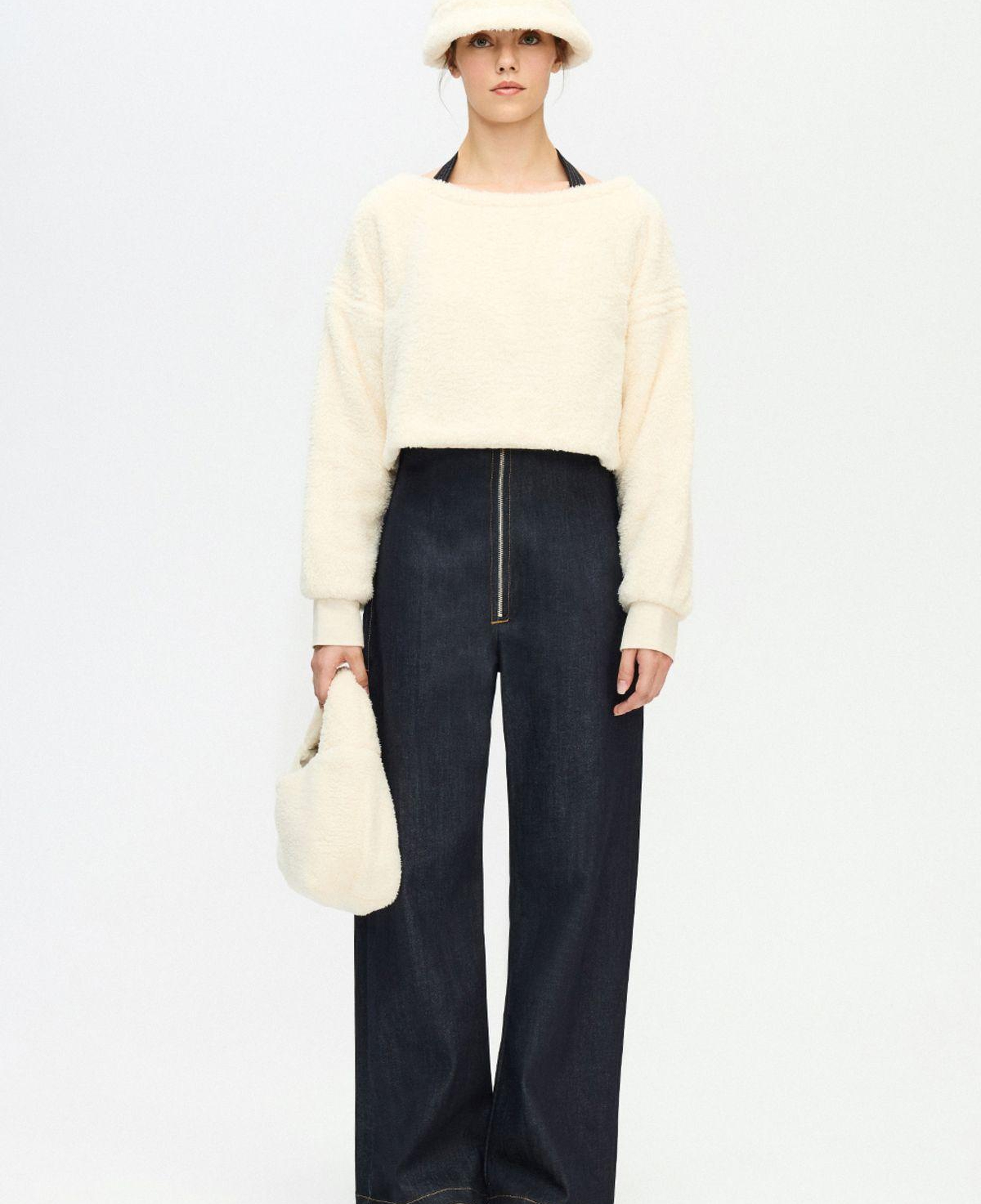 İKİKIZ Krem Peluş Crop Bluz