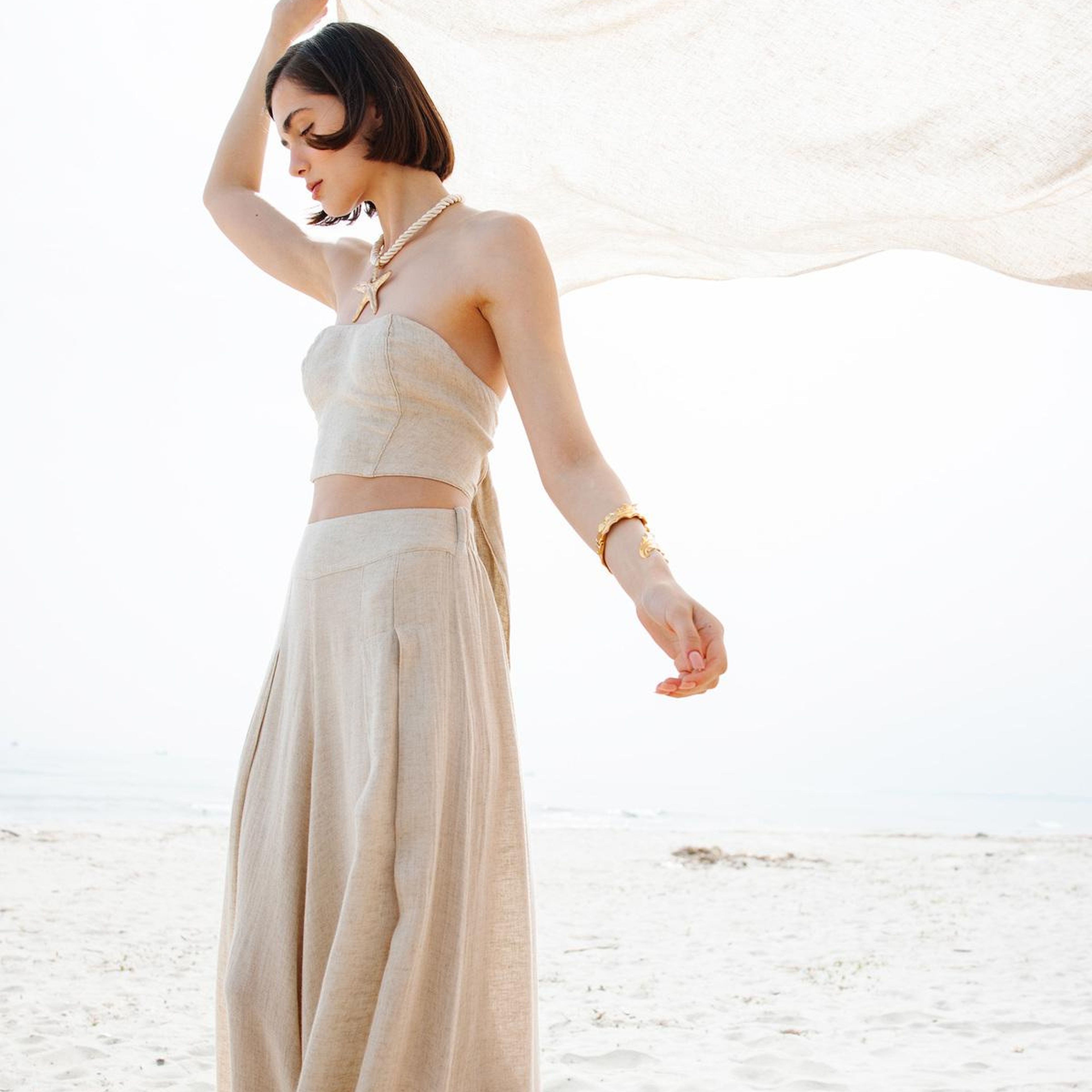 İKİKIZ Keten Bandeau Bluz Kadın Naturel