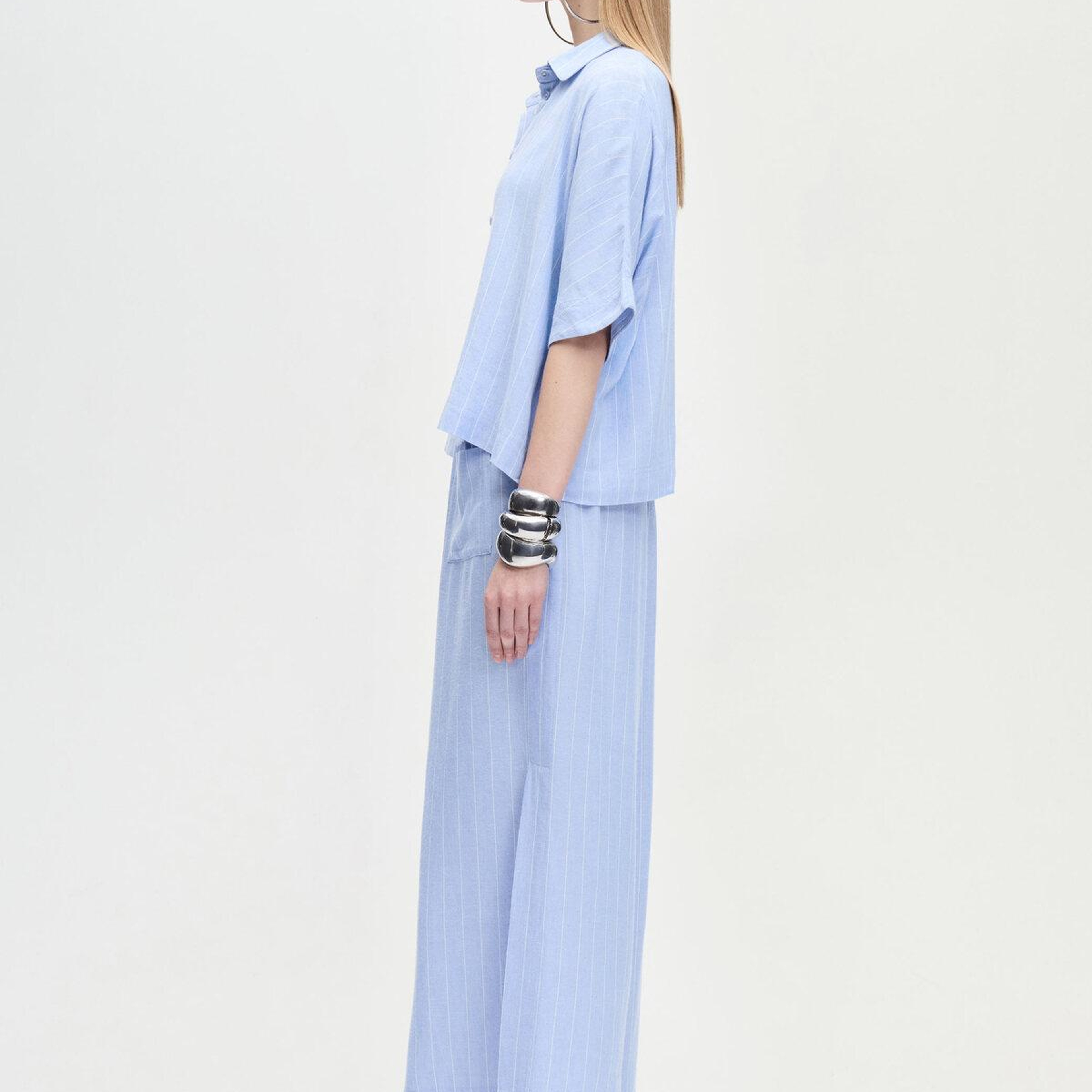 İKİKIZ Keten Karışımlı Çizgili Gömlek Kadın Mavi