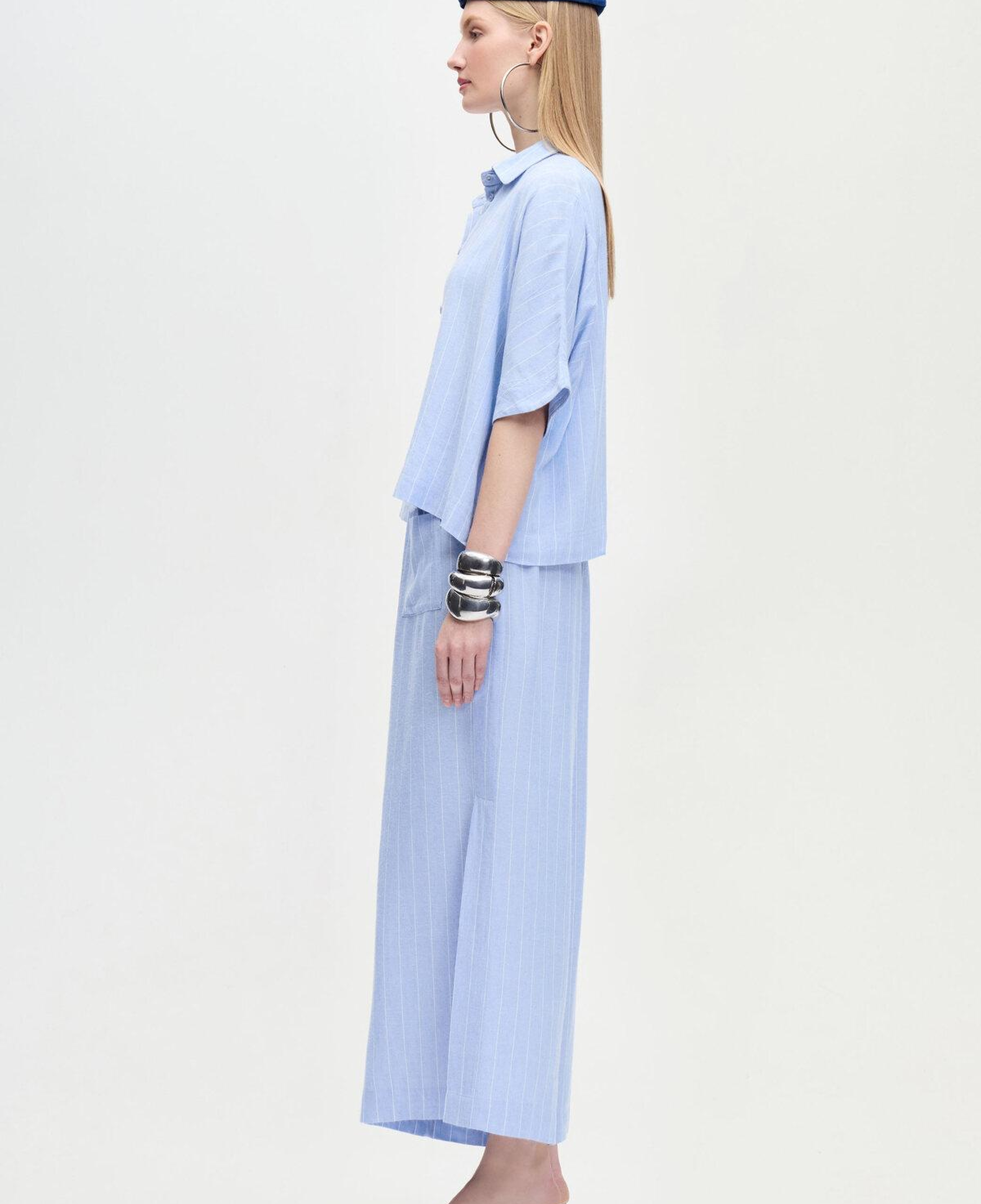 İKİKIZ Keten Karışımlı Çizgili Gömlek Kadın Mavi