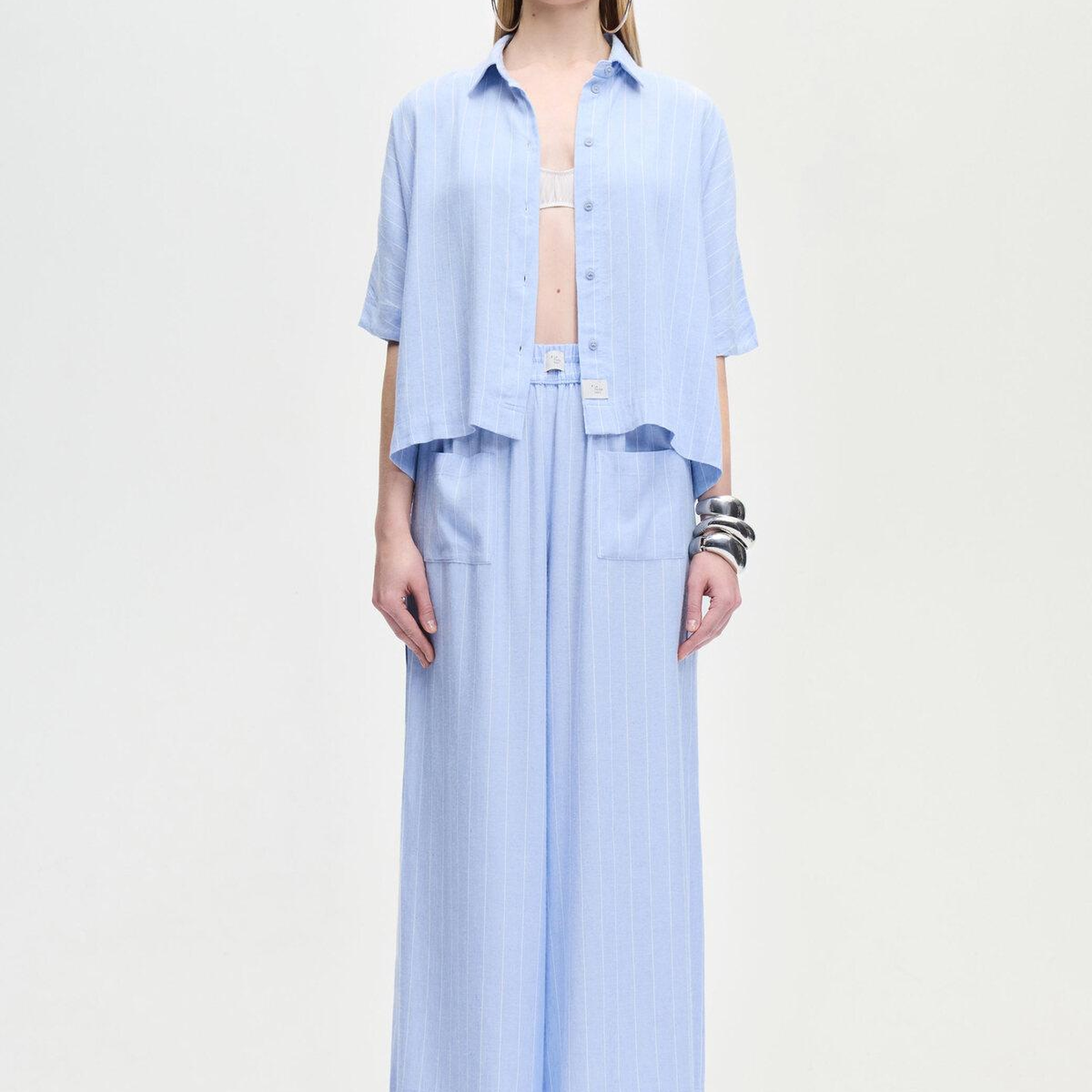 İKİKIZ Keten Karışımlı Çizgili Gömlek Kadın Mavi